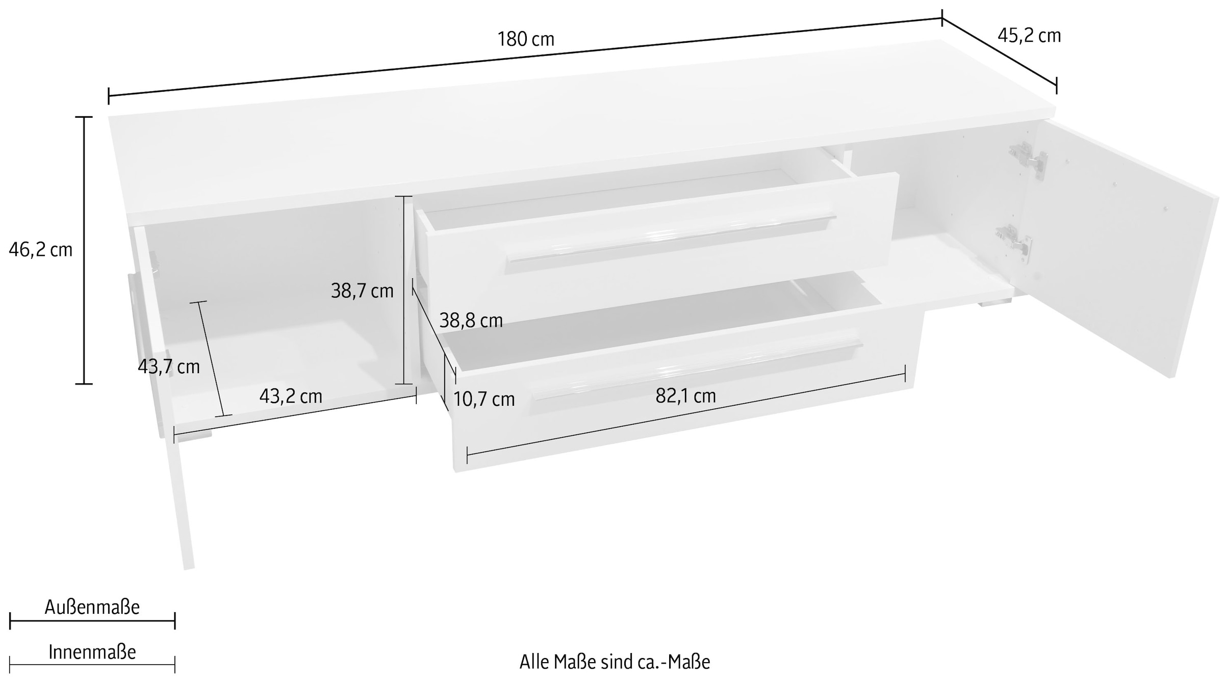 PLACES OF STYLE Table basse »Piano TV-Kommode in Breite 165 oder 180 cm mit Soft-Close-Funktion« Hochglanz UV-lackiert, Br 180 cm mit versch. Tür- und Schubkastenmasse