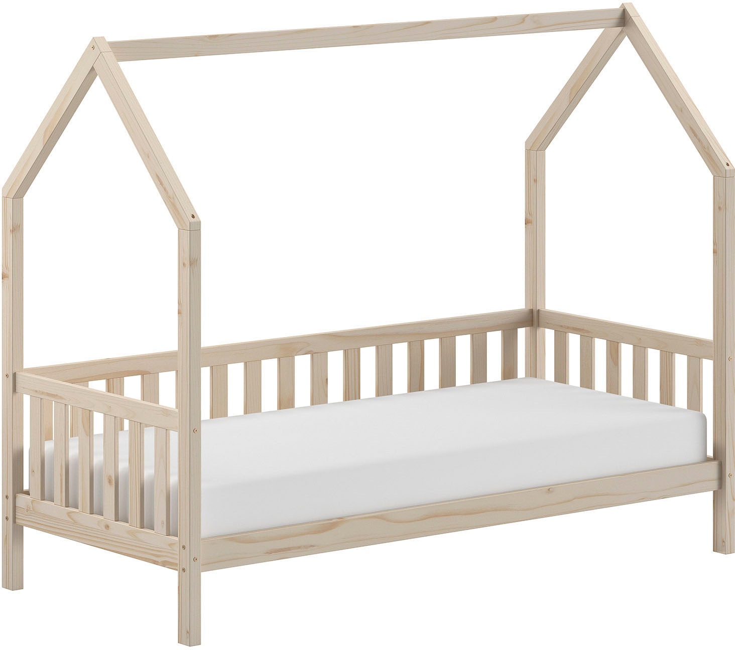 Vipack Hausbett »Cabane, mit Dachaufbau, Bettschublade auf Rollen u. Sprossenumrandung« (B/H/T ca. 208x169x98 cm) aus massiver Eiche, Oberfläche Natur,  sehr stabil und standfest gebaut inkl. Massivholz Rolllattenrost
