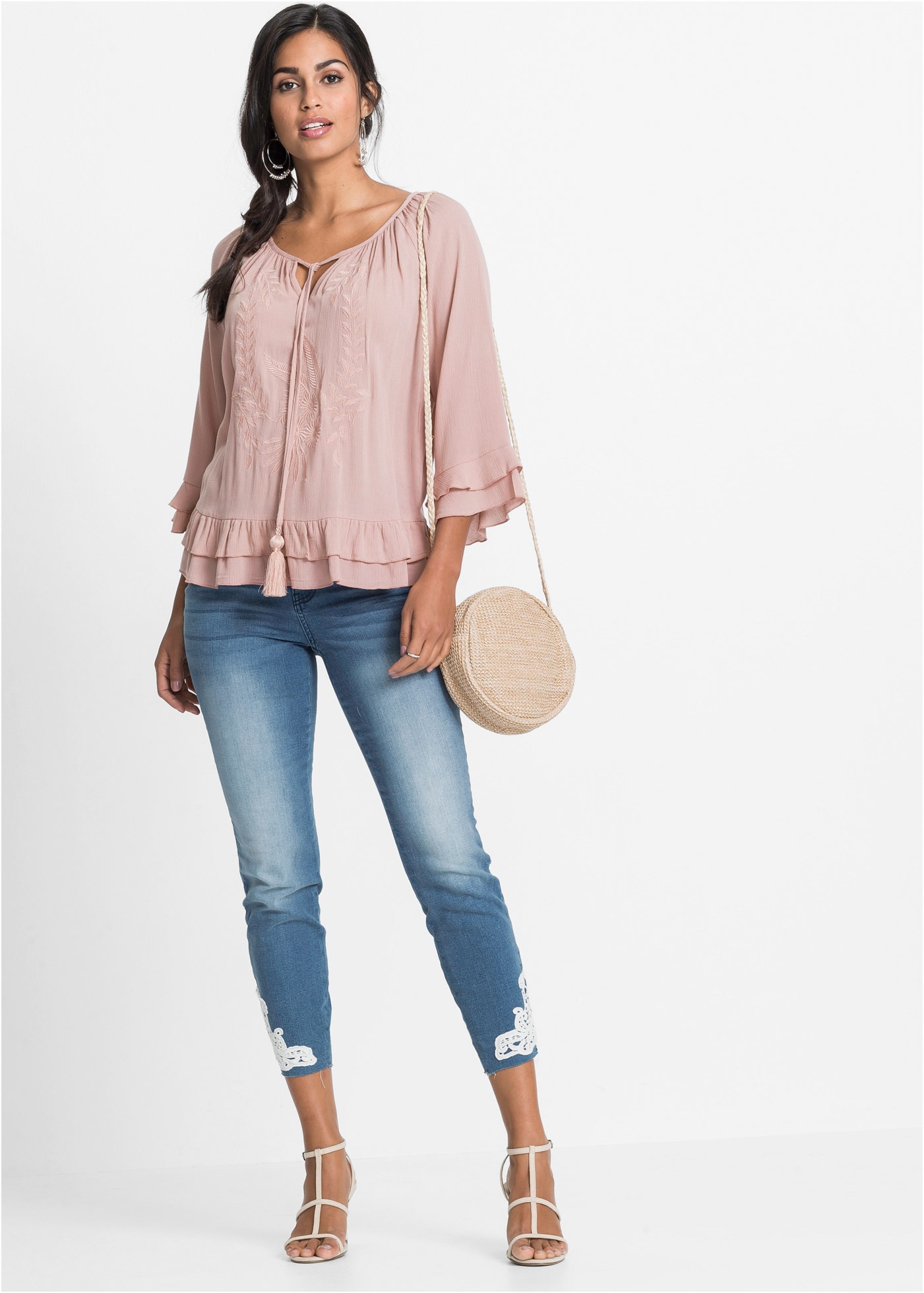 bonprix Tunika 1 A-Linien-Passform, mit 3/4-Ärmeln, gleichfarbige Stickerei