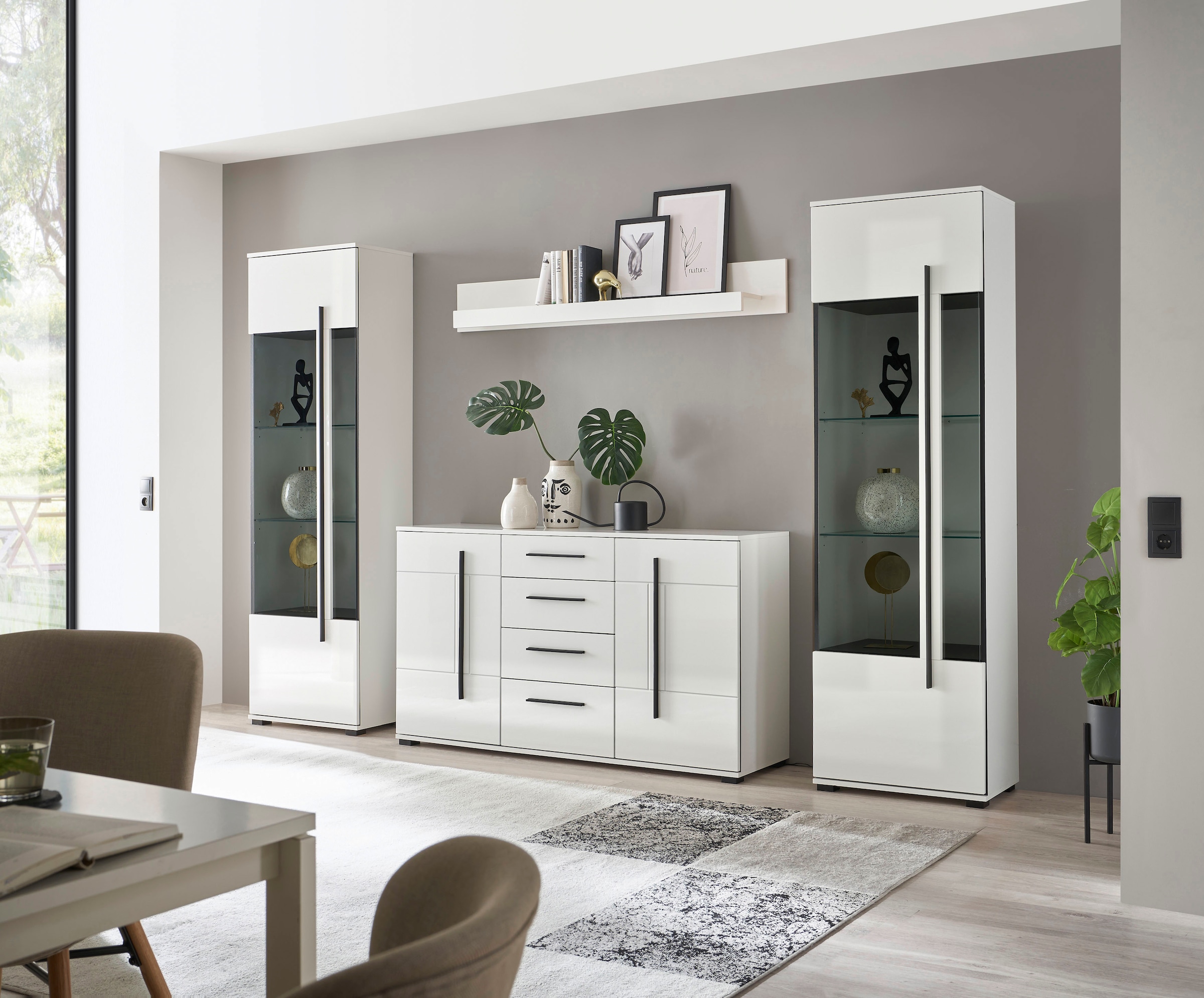 INOSIGN Wohnwand »Cantara, moderne Anbauwand, Wohnzimmer-Set, in Eiche Evoke oder Weiss«, (Set), enthält zwei Vitrinen, ein Sideboard und ein Wandboard