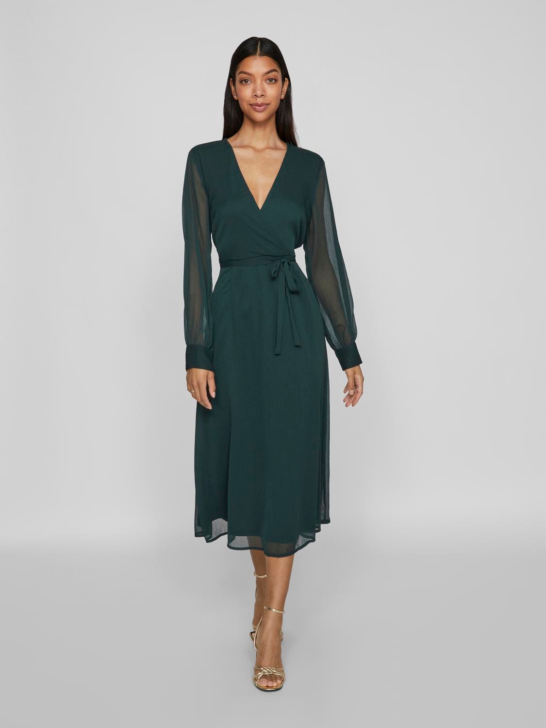 Vila Chiffonkleid »VIFALIA V-NECK L/S MIDI DRESS - NOOS« Kunstfaser, regular fit