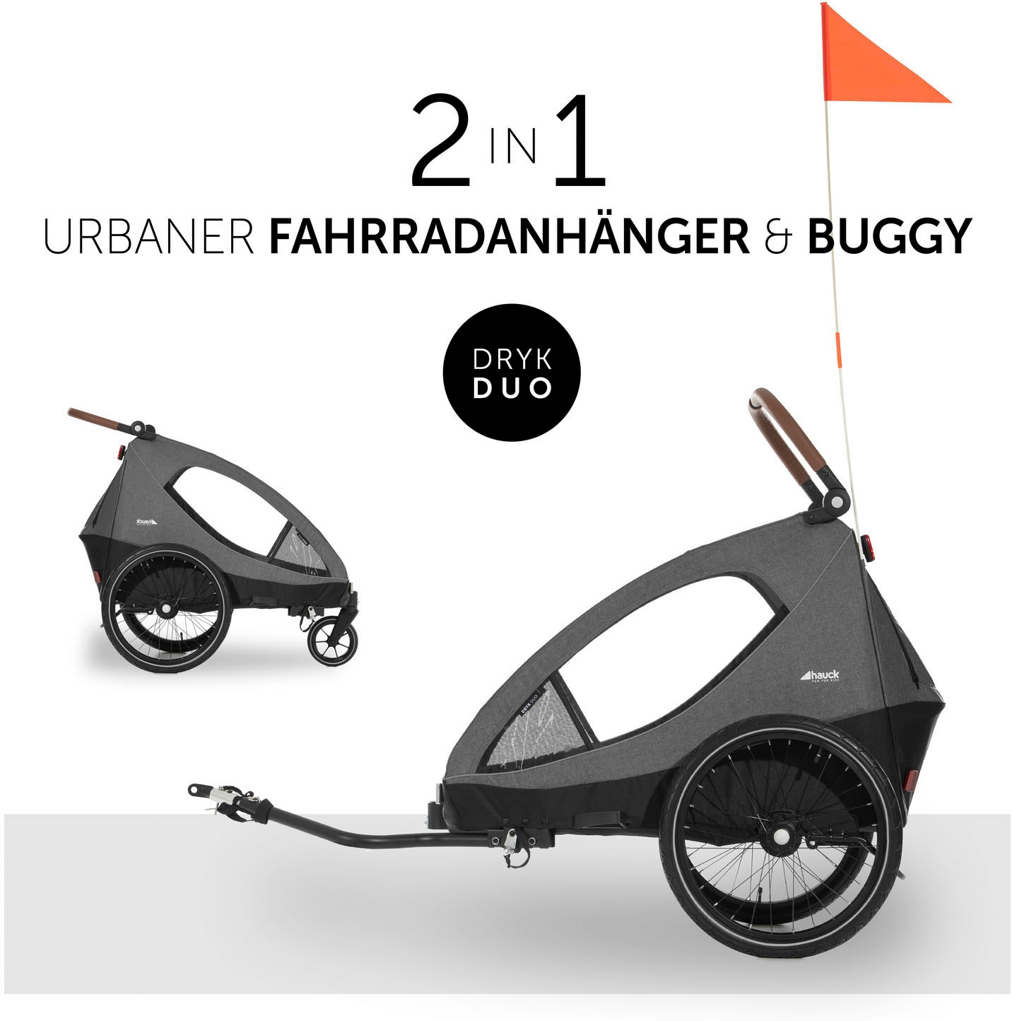Hauck Fahrradkinderanhänger »2in1 Bike Trailer und Buggy Dryk Duo, melange grey« für 2 Kinder; inklusive Deichsel
