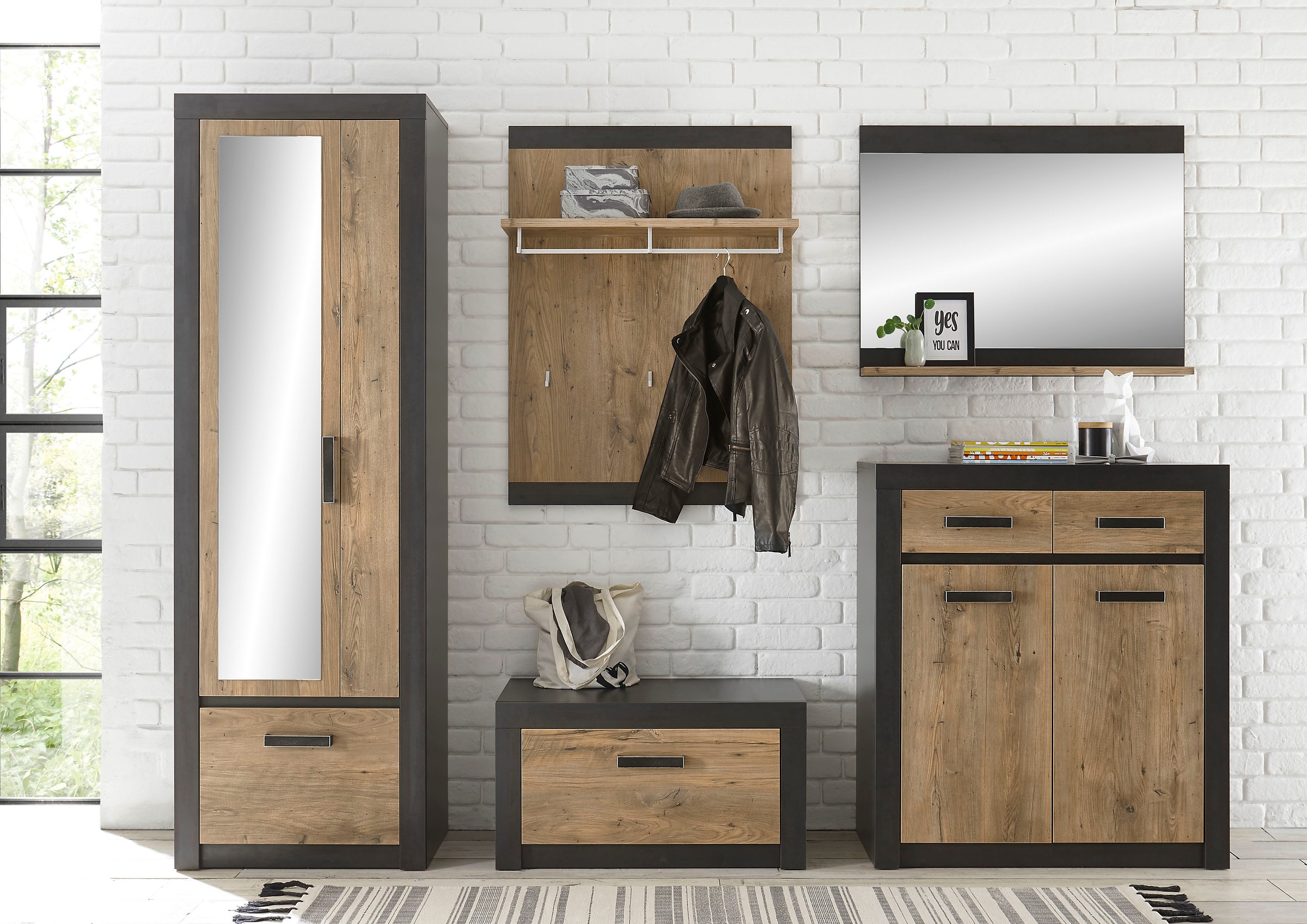 Image of my home Garderoben-Set »BRÜGGE«, (Komplett-Set, 5 St., bestehend aus Garderobenschrank mit Spiegel, Kommde, Spiegel, Garderobenbank und -paneel), mit einer dekorativen Rahmenoptik bei Ackermann Versand Schweiz