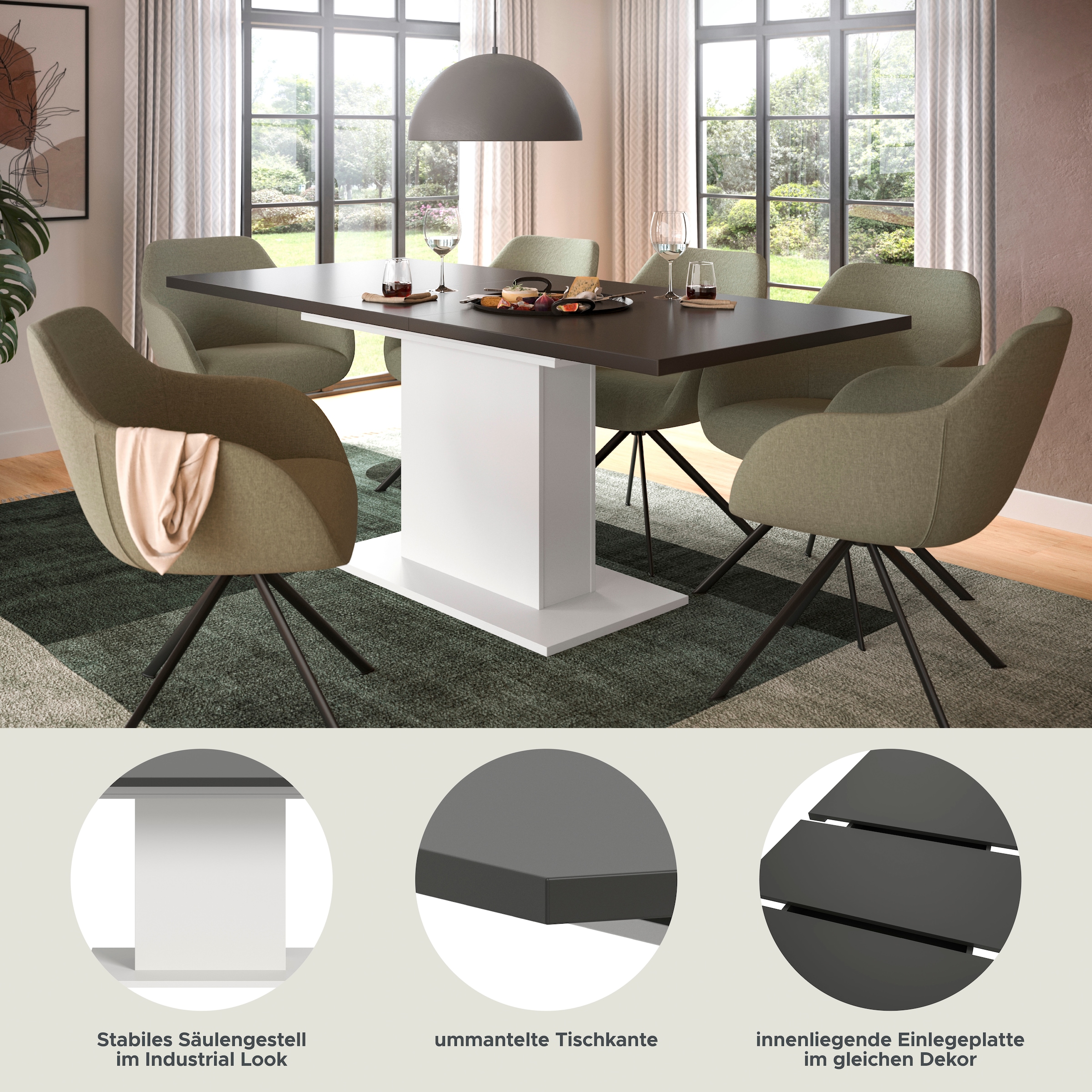 Home affaire Esstisch »Motus, ausziehbar 150 -190 cm, inklusive 40 cm Einlegeplatte« Set, 1 Stk. tlg. Säulengestell mit Bodenplatte, Tisch, Küchentisch, Esszimmer, Küche