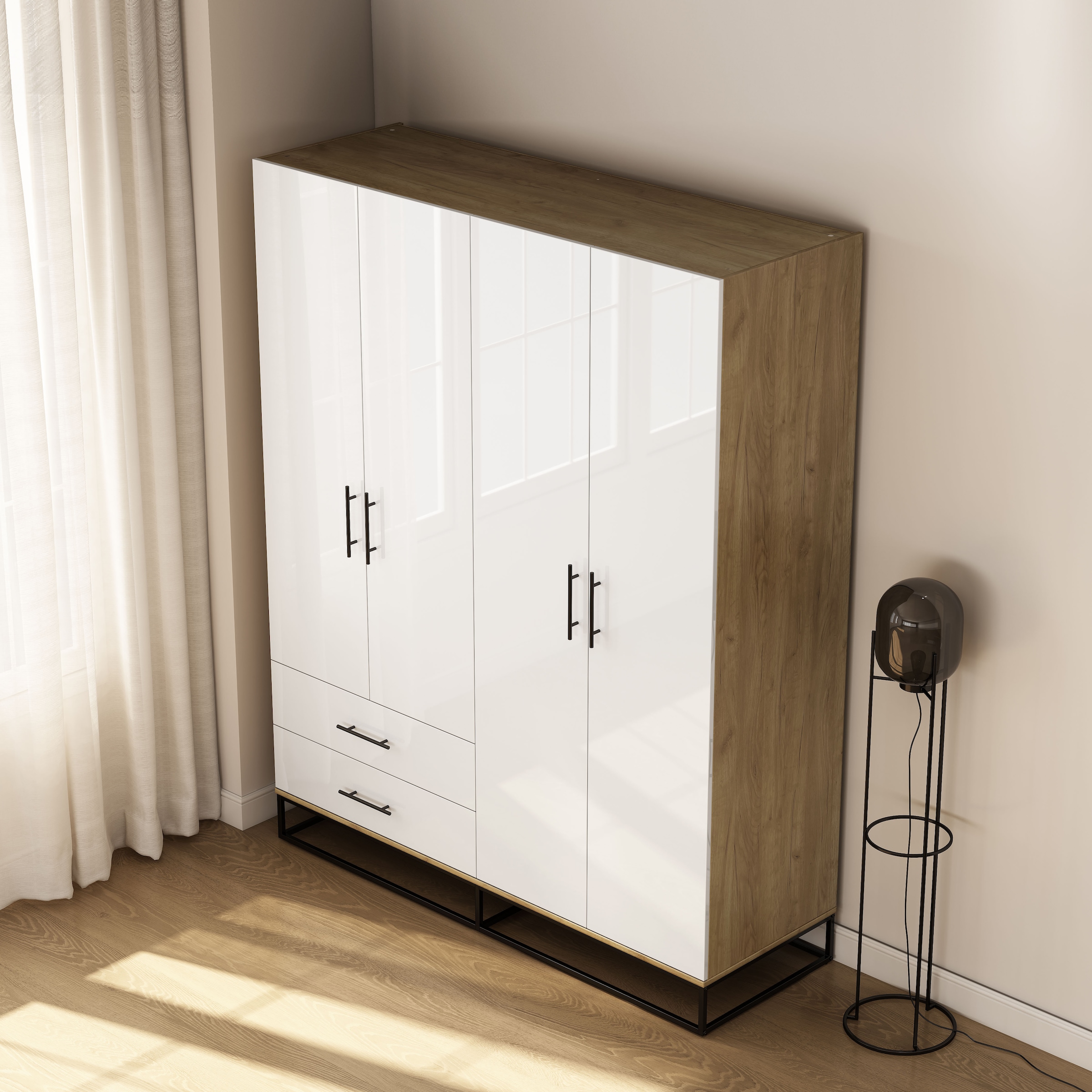 GOODproduct Kleiderschrank »Lucca Schlafzimmerschrank Garderobe Hochglanz Bestseller« Schwarze Griffe und Kufengestell aus Metall,  Schlafzimmerschrank mit 4 Türen und 2 Schubladen, Breite 160cm