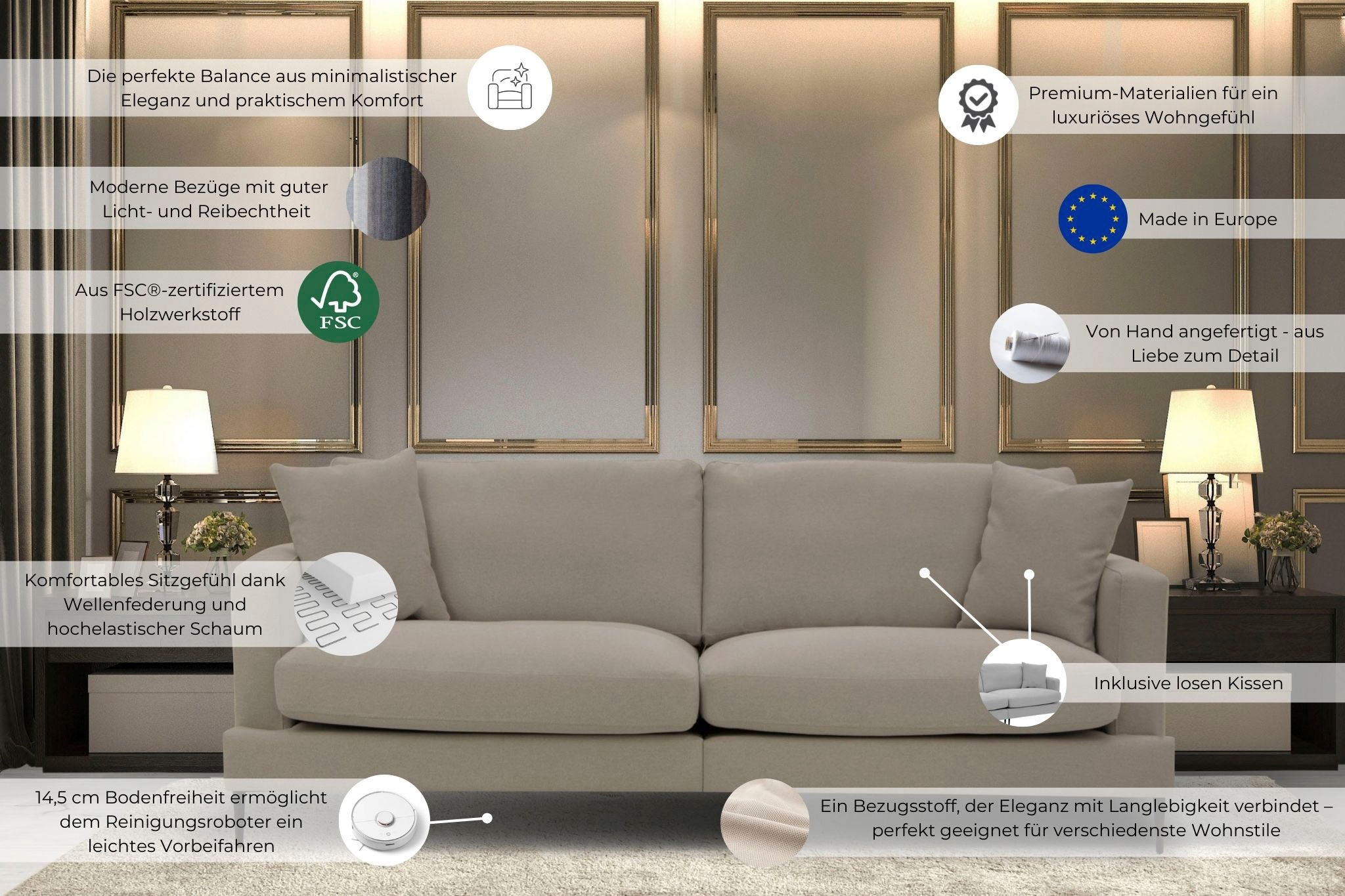 Leonique 3-Sitzer »Cozy elegantes Designsofa, Masse B/T/H: 211/97/80 cm«, mit losen Kissen und Metallbeinen