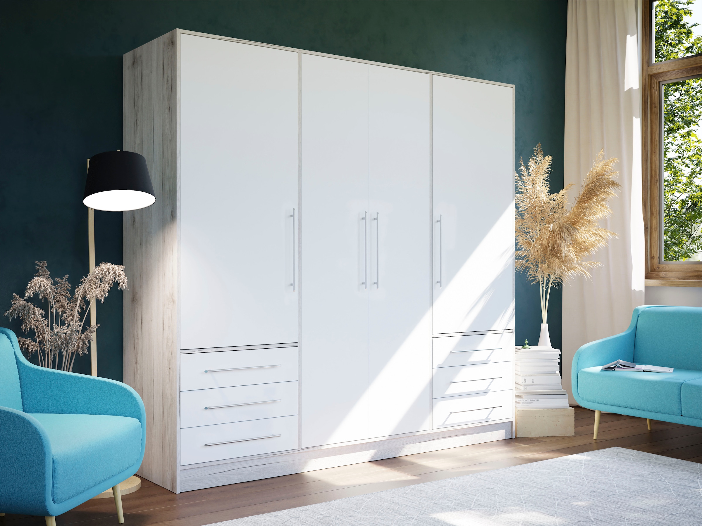 FORTE Kleiderschrank »Jupiter, Made in Europe, mit Schubladen«, (Masse (T/H): 60/200 cm), Stauraum, 2 Breiten, 4 Farben, Schubladen, variable Einlegeböden