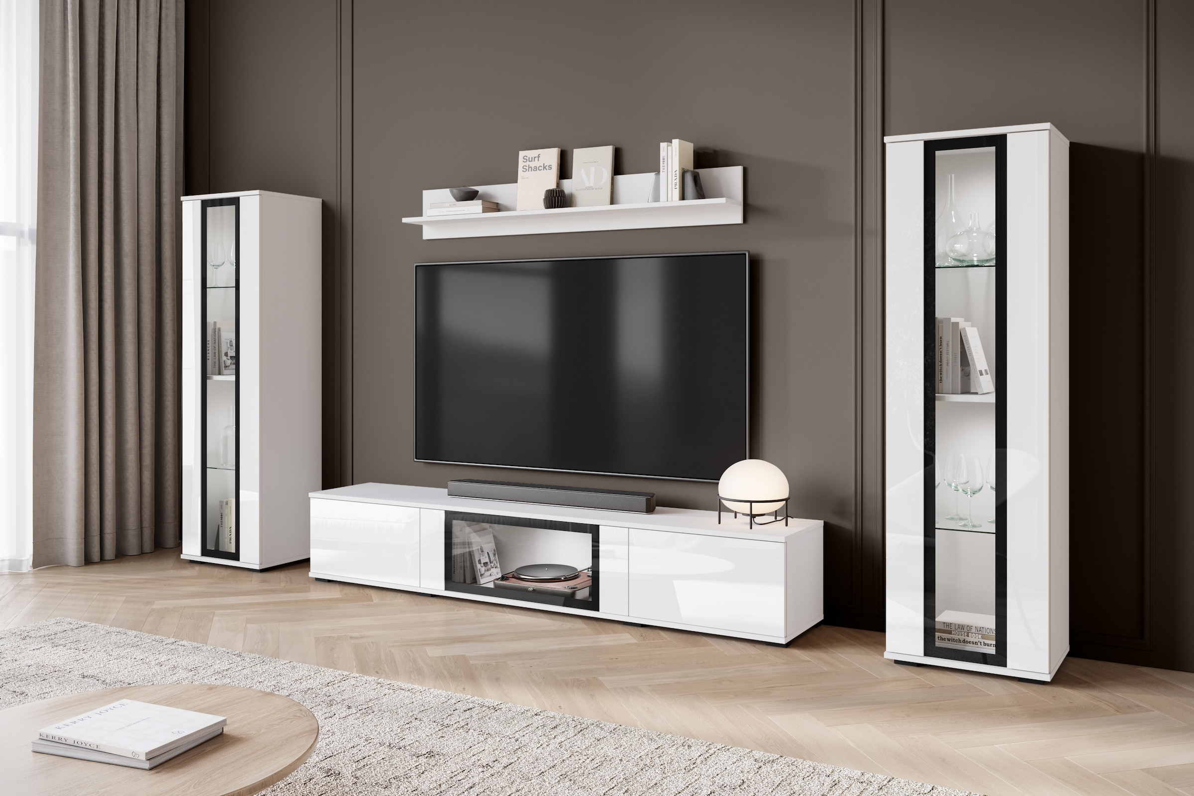 Home affaire Wohnwand »Caro, stehend und hängend montierbar« Komplett-Set, Vitrine Türanschlag links/rechts wechselbar, 4 Stk. tlg.