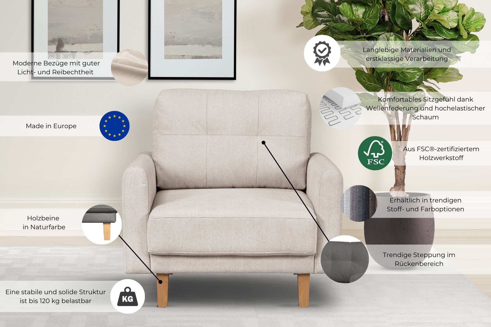 Home affaire Sessel »TRIPLO Relaxsessel mit Wellenunterfederung, Masse B/T/H: 95/100/89 cm«, Polstersessel mit Steppung im Rückenkissen, hohe Qualität