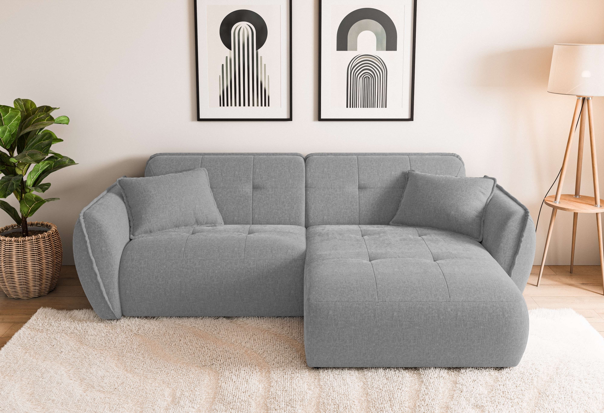 Home affaire Ecksofa »MIRELDA L-Form mit Steppungen, Recamiere rechts/links, Breite 253 cm« Sitztiefe 62 cm, elegant und bequem, 2 Zierkissen, belastbar bis 480kg