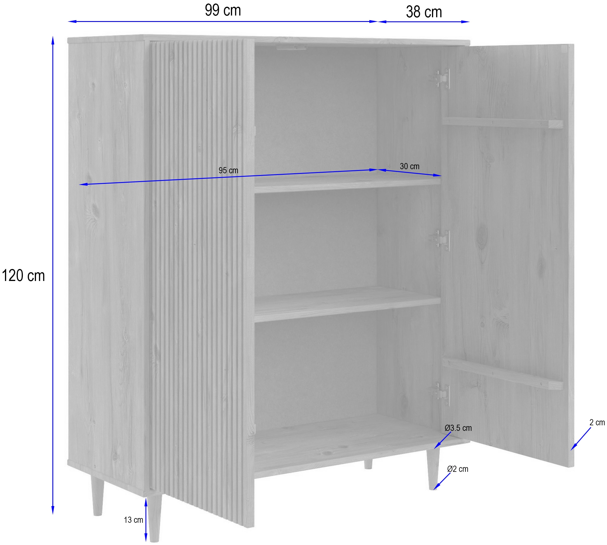 GOODproduct Highboard »Malmedy Front mit gefrästen Rillen« Kommode Midischrank aus massivem Kiefernholz, Push-to-open, B 100 cm