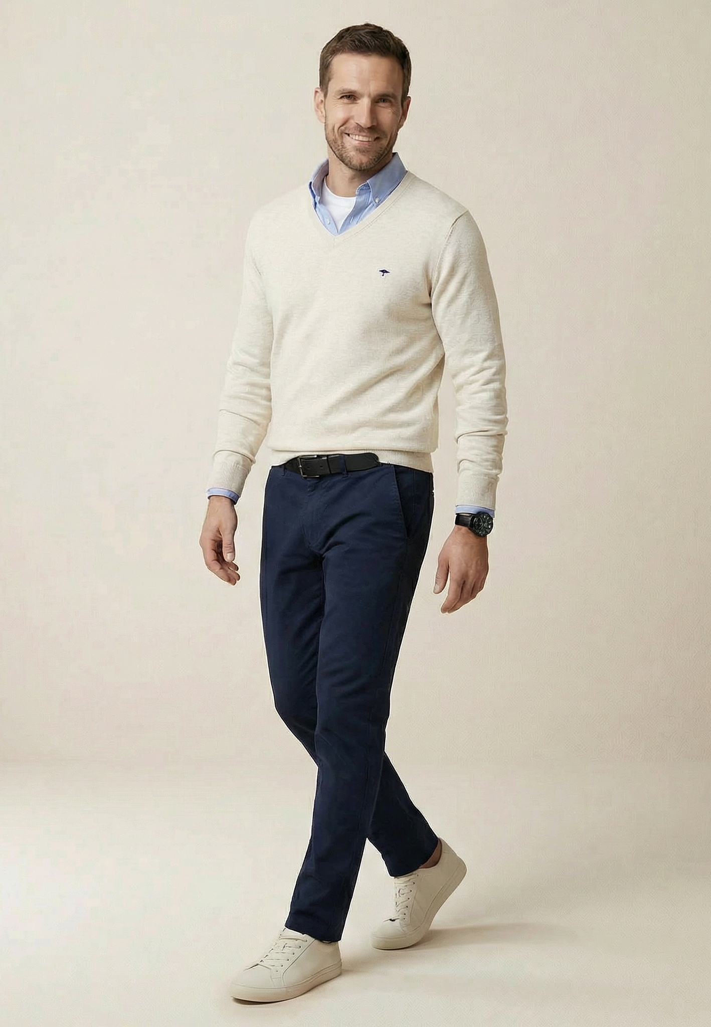 FYNCH-HATTON Strickpullover aus Baumwolle, mit V-Ausschnitt, hüftbedeckende Passform