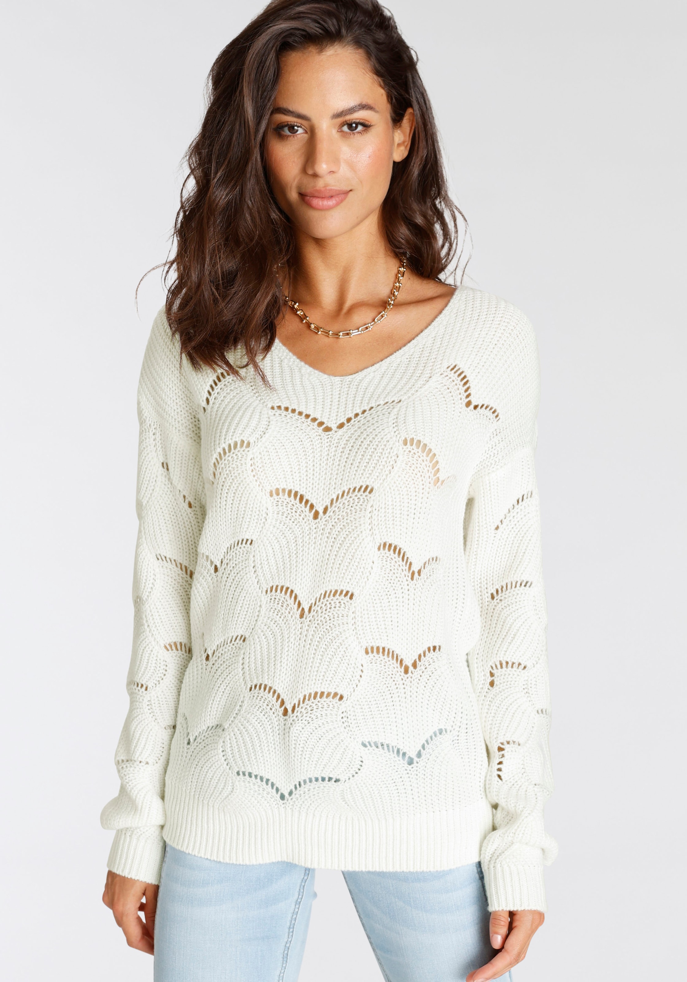 Image of Laura Scott Strickpullover softer Übergangsstrick mit V-neck und trendy Ajourmuster