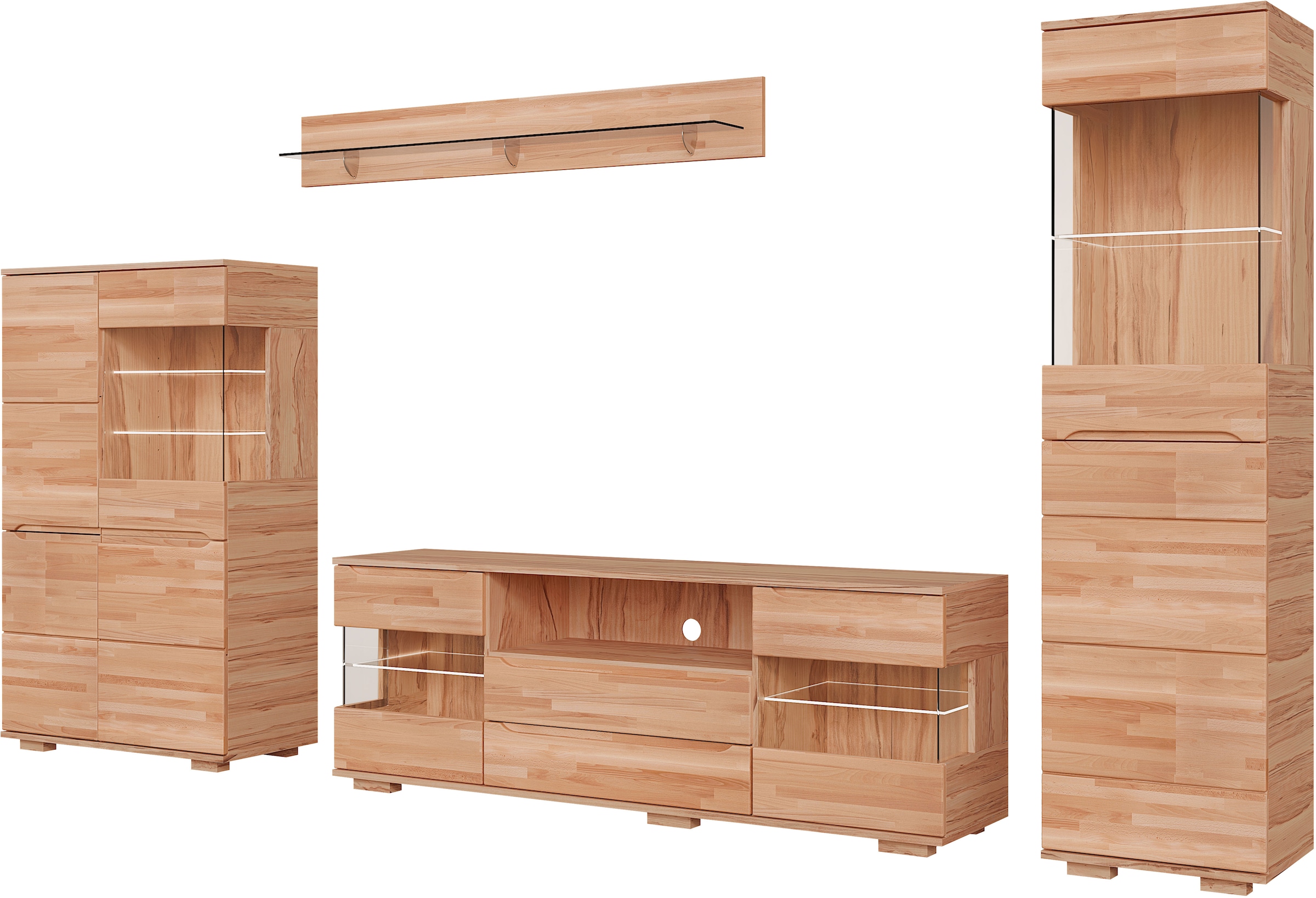 GOODproduct Wohnwand »VETRO: besteht aus 2 Vitrinen, 1 Sideboard & 1 Wandregal, Wohnzimmer.« 4 Stk. tlg.