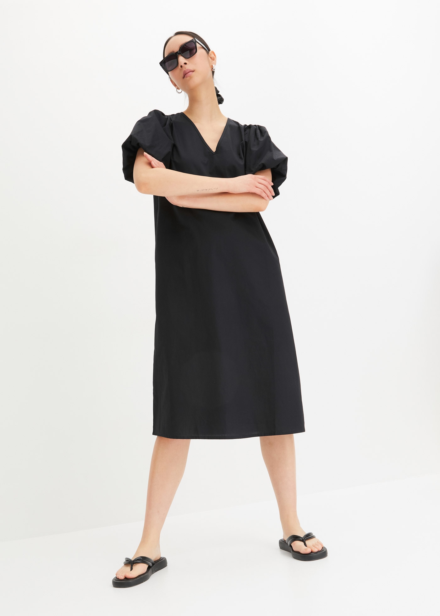 Image of bonprix Midikleid aus reiner Baumwolle, A-Linie Passform, halbarm, eleganter Stil