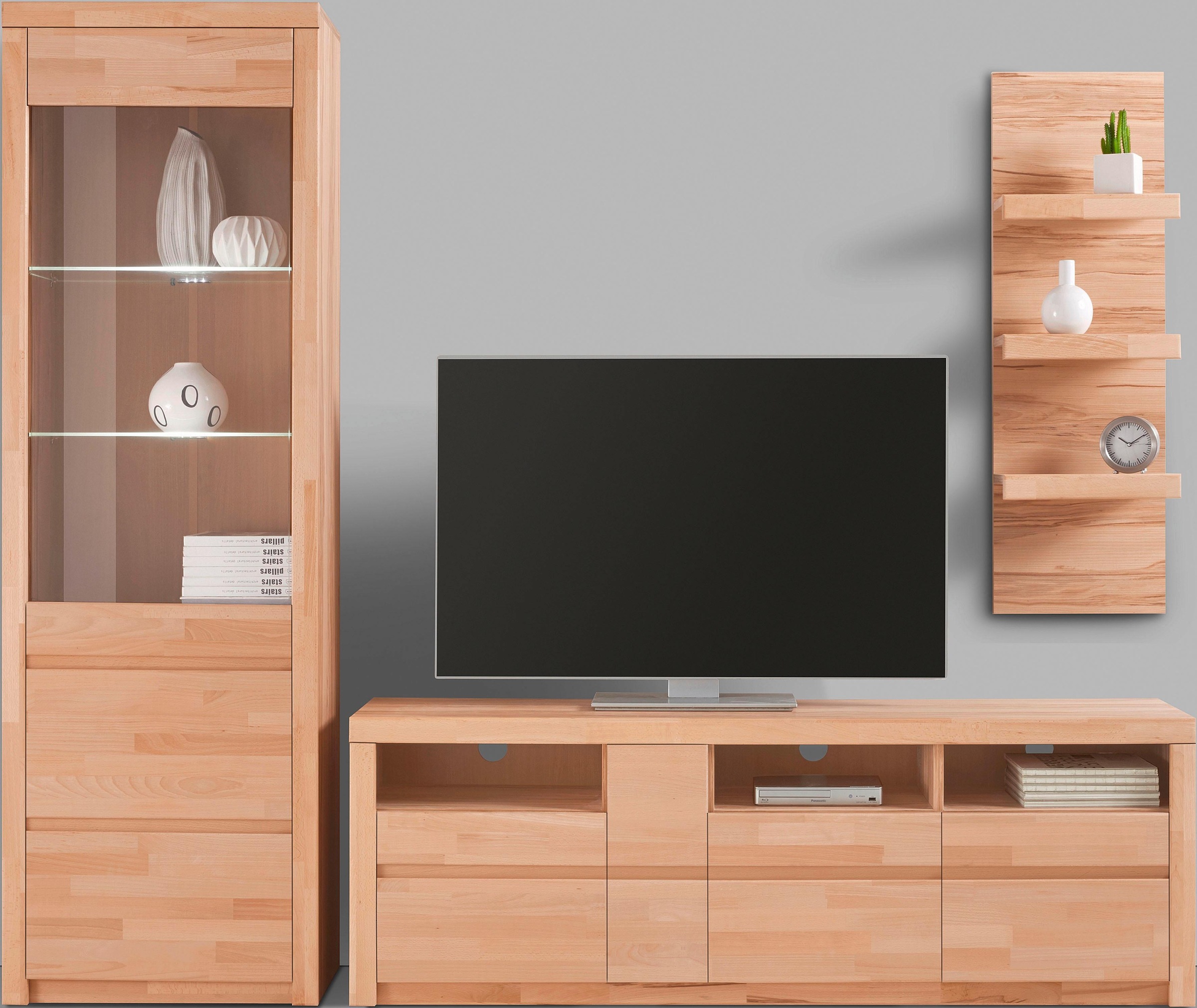 Image of GOODproduct Wohnwand "Silkeborg: 3-teilig, Breite: 220cm, Griffmulden, Fronten Massivholz" Set, 3 Stk. tlg.