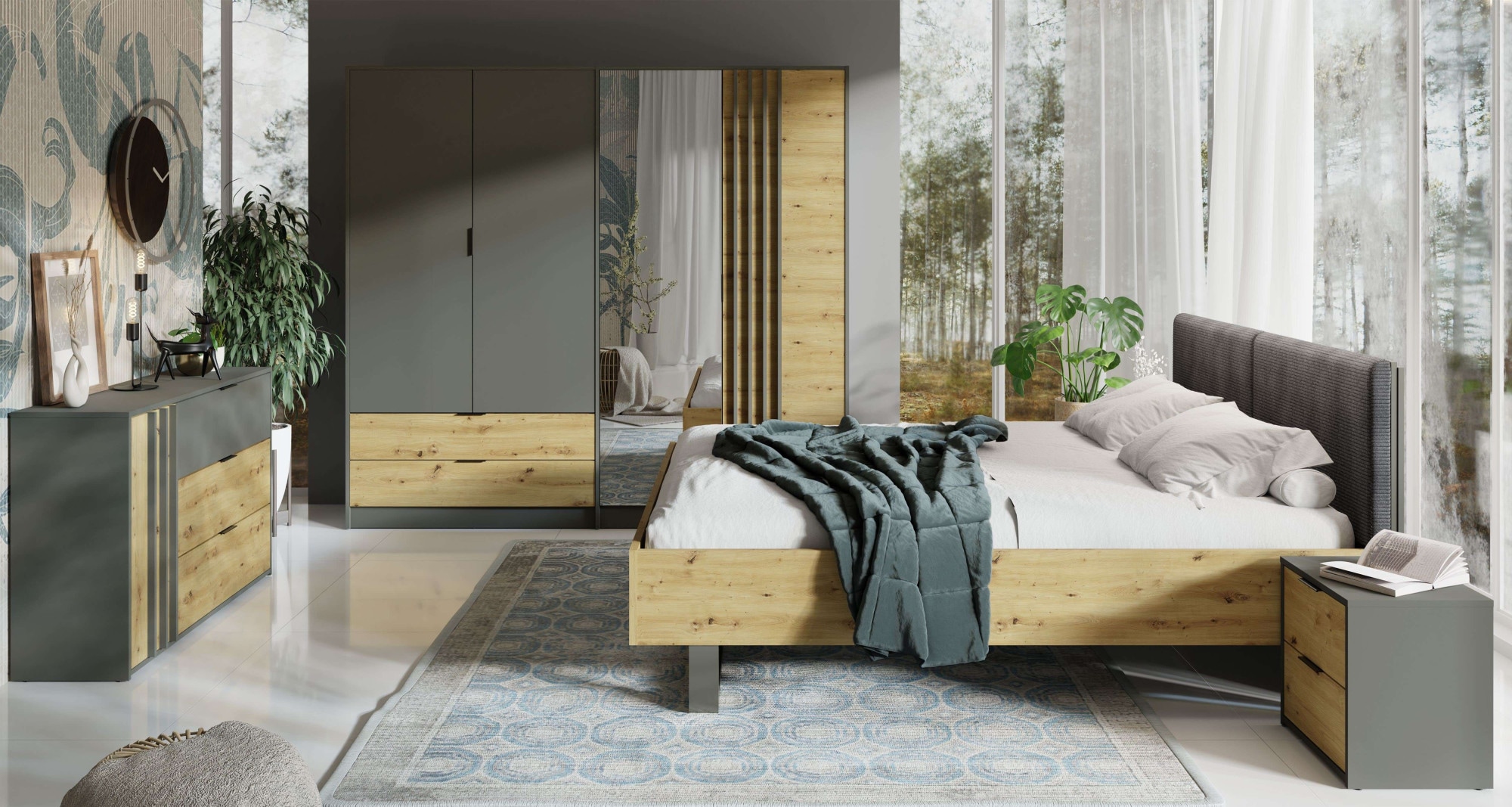 INOSIGN Kleiderschrank »Kleiderschrank Loreto mit Schubkästen und Spiegel, B/T/H 220/54/202 cm«, Schrank mit Drehtüren und Schubladen, Spiegel und MDF-Lamellen