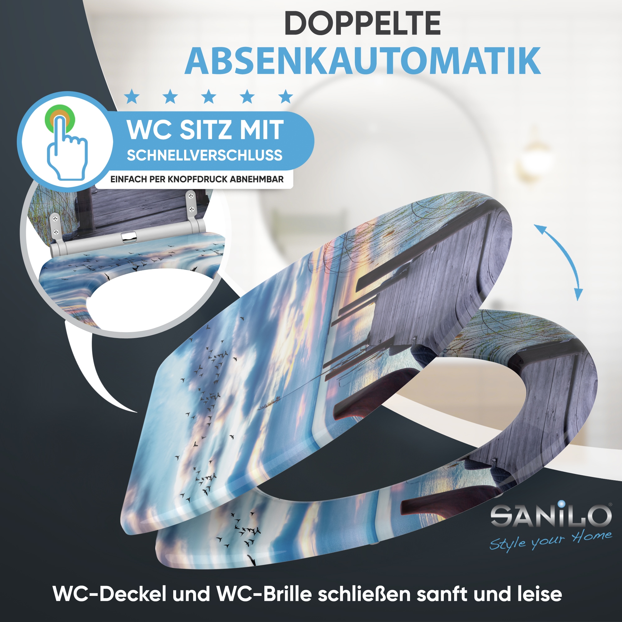 Sanilo Siège de WC »Sunset mit Absenkautomatik & Quick Release« Premium Toilettendeckel, abnehmbar, leichte Montage von oben