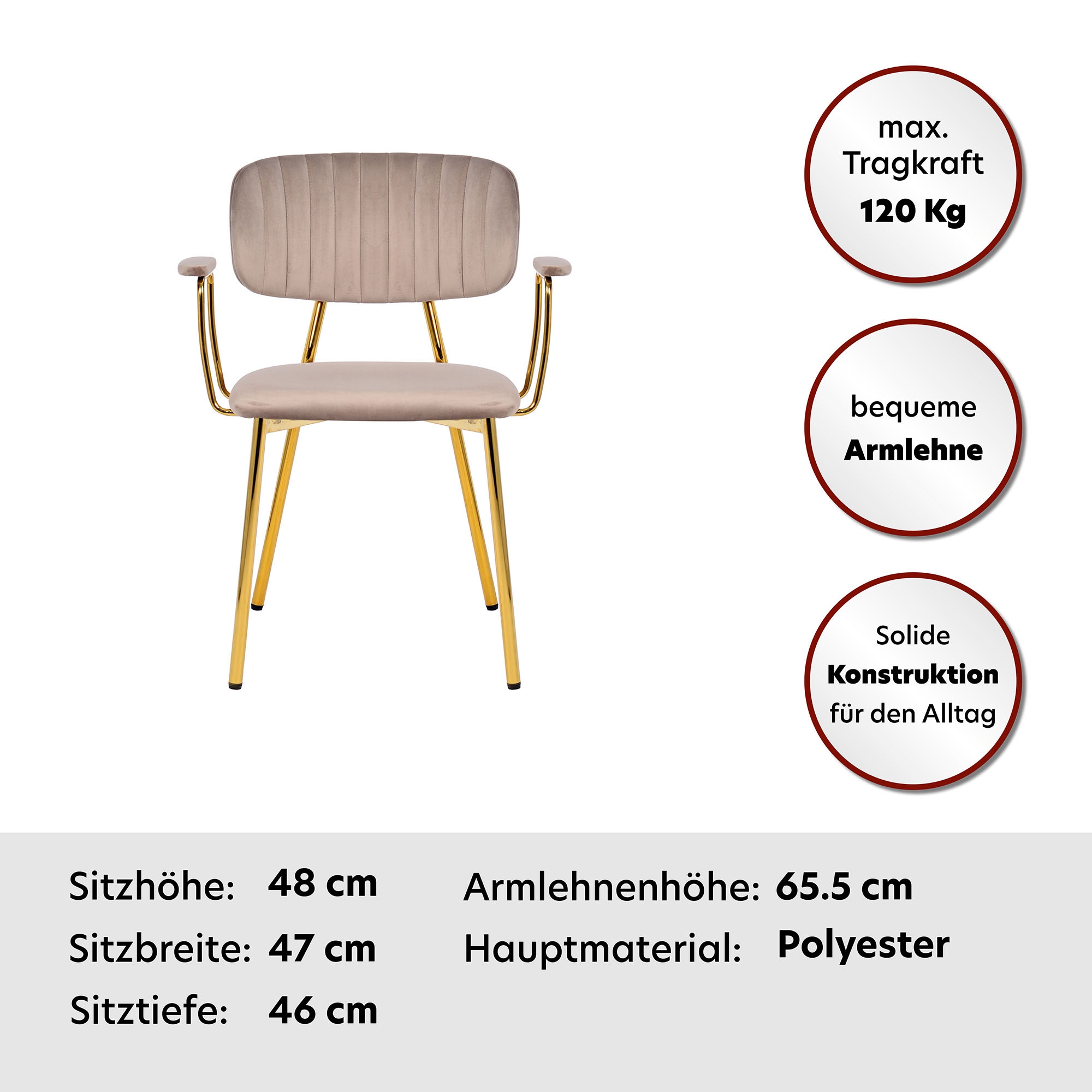 Kayoom Chaise rembourrée »Stuhl Giselle 225 2er-Set, Gestell aus Edelstahl« (Set) 2 cuismit Armlehnen, goldenes Gestell aus Edelstahl, Samtbezug, Ziernähte