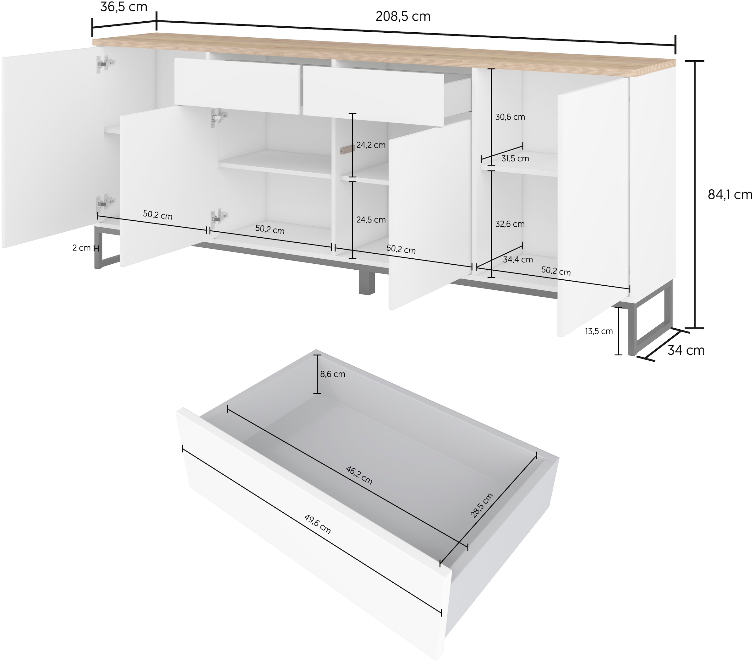 Home affaire Buffet »Alto, Breite 208,5 cm, grifflose Kommode 4 Türen/2 Schubkästen.« Schubladenschrank mit viel Stauraum, Einlegeböden verstellbar