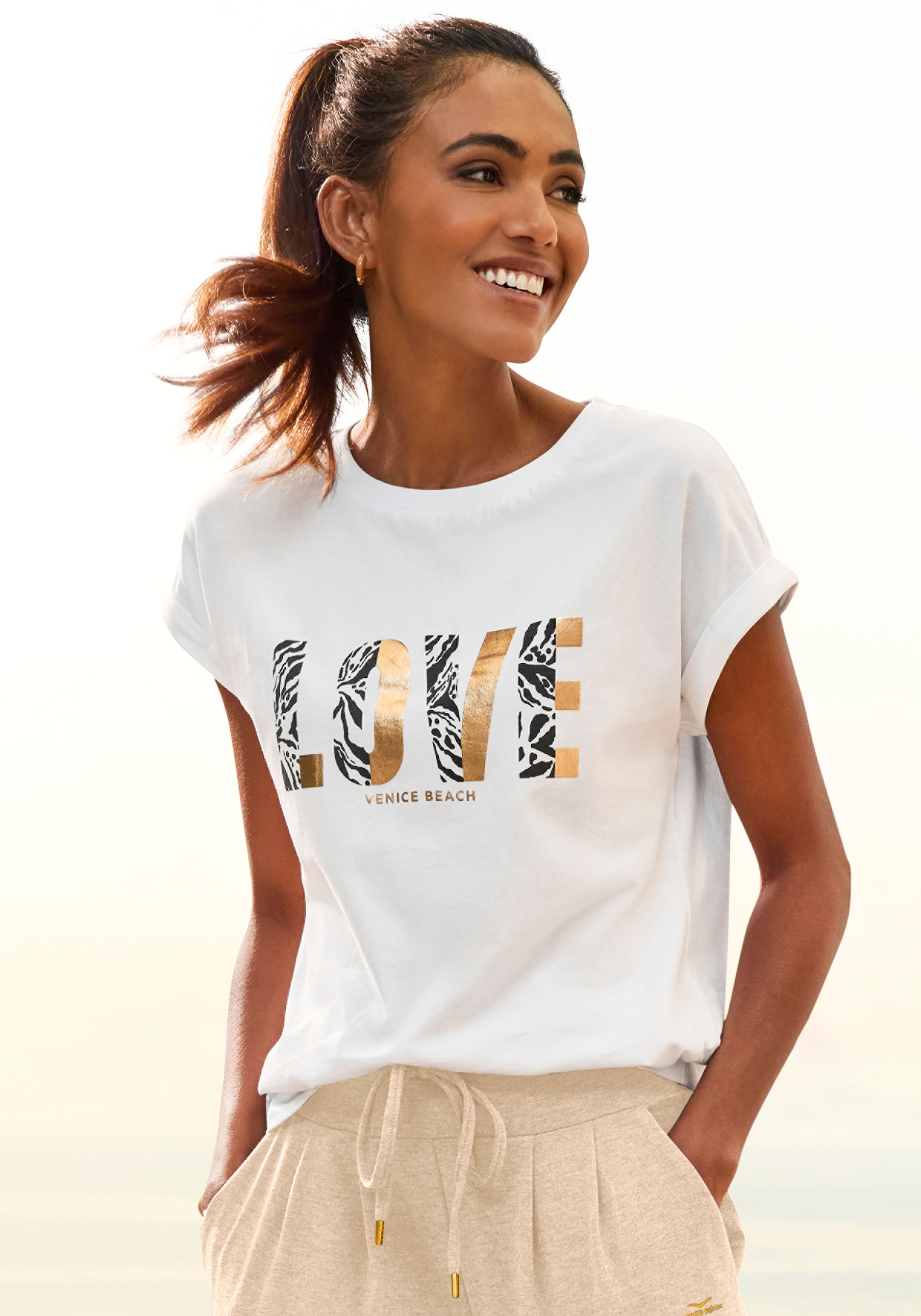 Venice Beach Kurzarmshirt, mit Frontprint, T-Shirt aus Baumwolle, lockere Passform