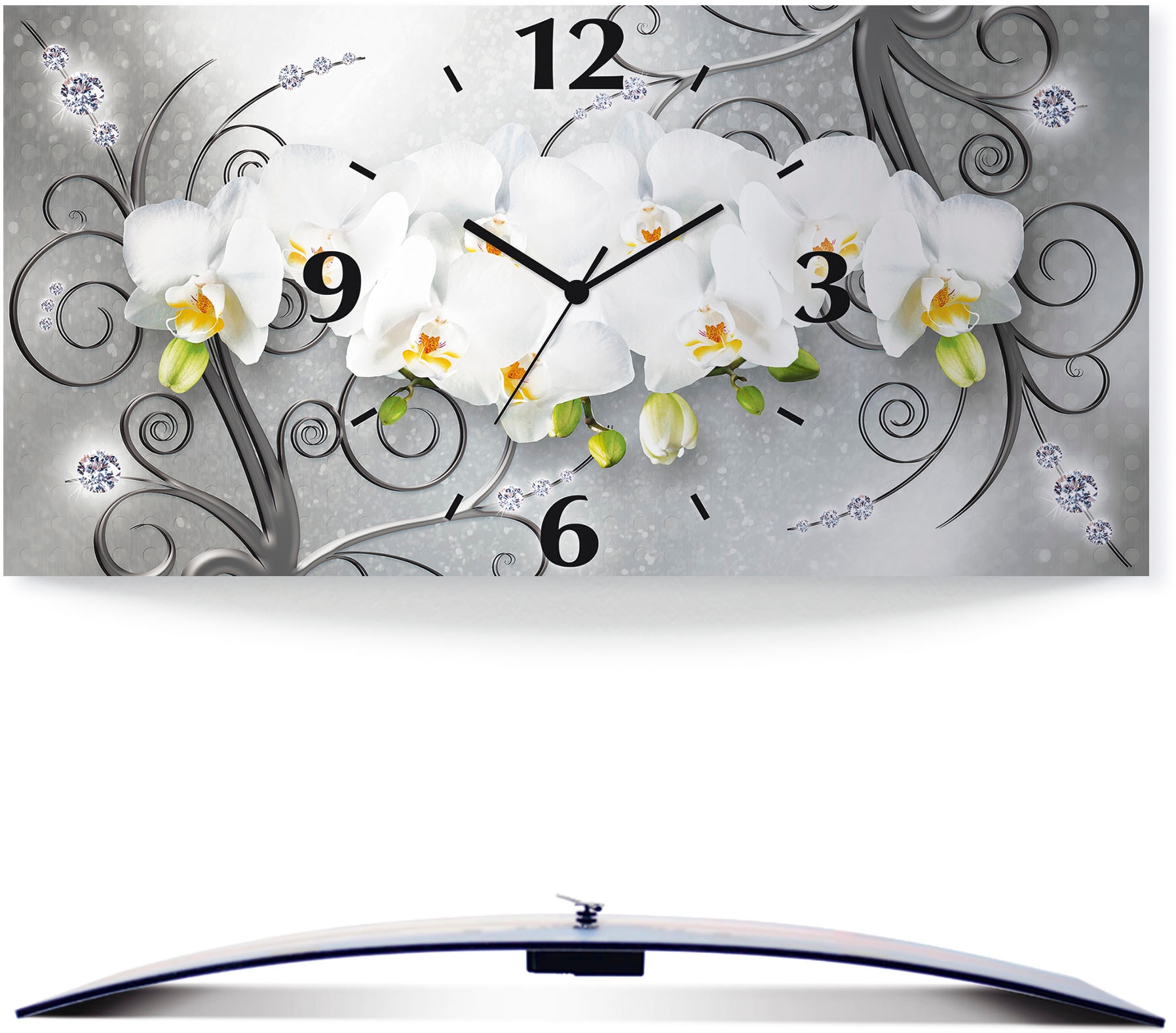 Image of Artland Wanduhr "weisse Orchideen auf Ornamenten" wahlweise mit Quarz- oder Funkuhrwerk, lautlos ohne Tickgeräusche