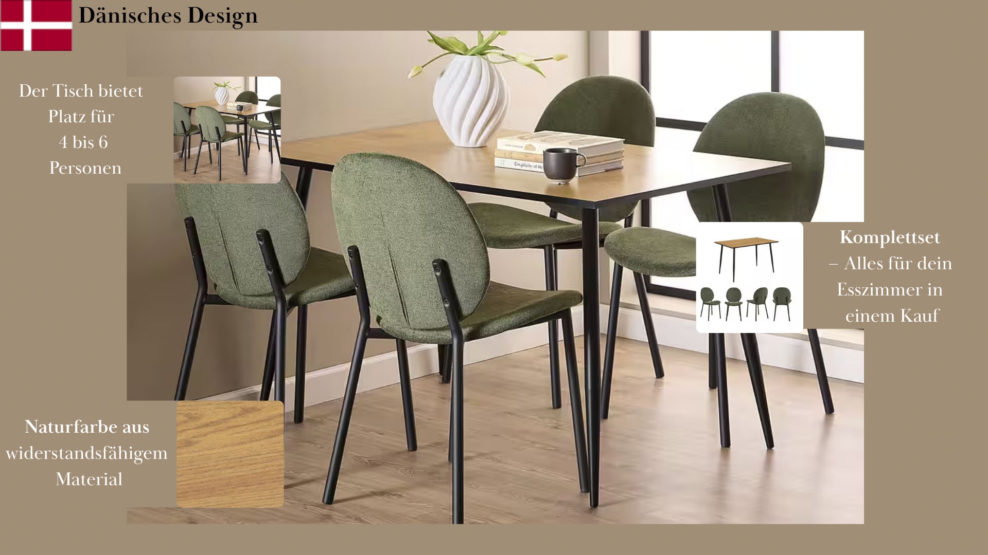 ACTONA GROUP Esszimmer-Set »Esspruppe, Speisetisch mit Wohnzimmerstühlen« Komplett-Set, 1x Tisch + 4x Stuhle, 5 Stk. tlg.