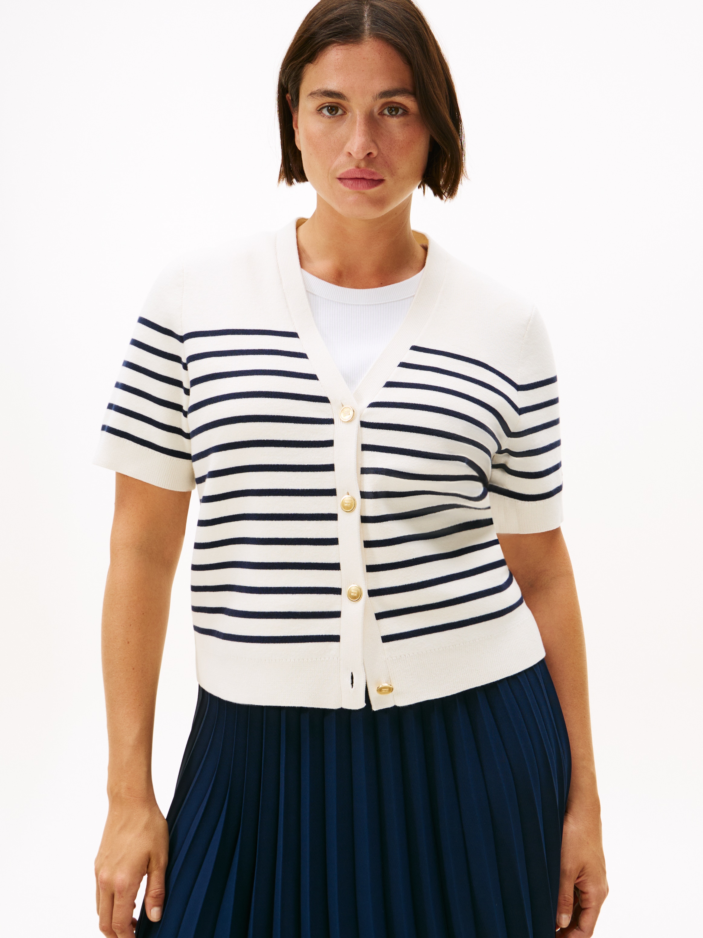 Image of Tommy Hilfiger Curve Strickjacke "CRV CO JRSY MID GG GOLD BTN CRDI" in grossen Grössen, mit goldfarbenen Knöpfen