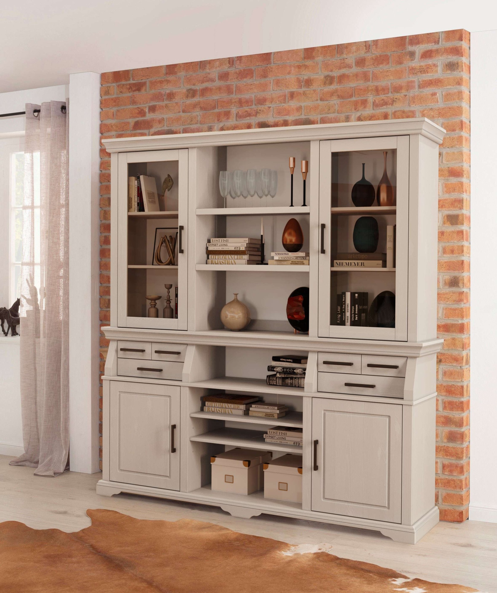 Home affaire Buffet »Anabel, mit Glastüren und schwarzen Metallgriffen«, zertifiziertes Massivholz, Breite 186 cm, im Landhausstil