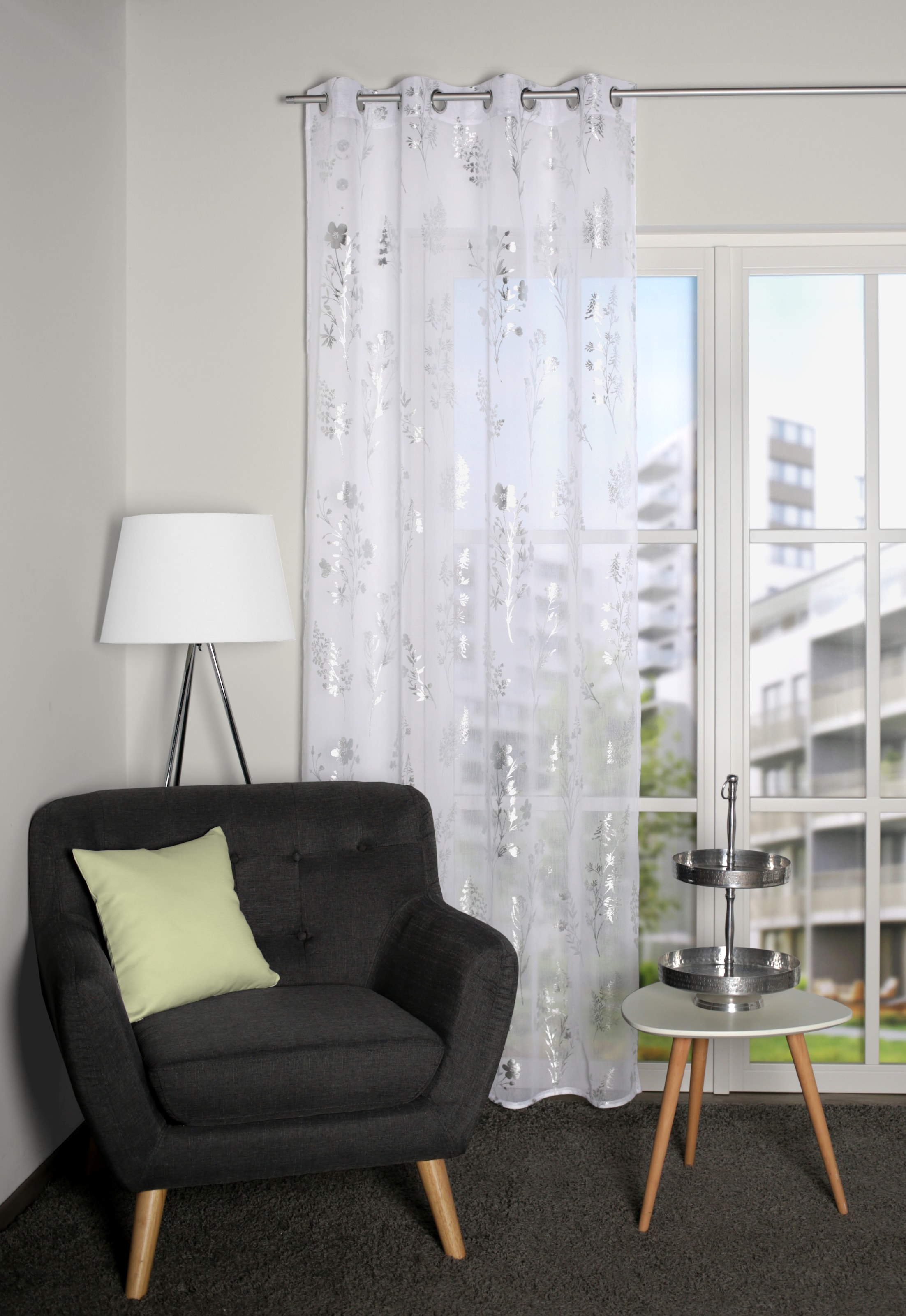 Image of HOME WOHNIDEEN Gardine "TREA, 1 Stück, Ösen, halbtransparent, Silber-Blumen Druck" Ösen 1 Stk. tlg. bedruckt