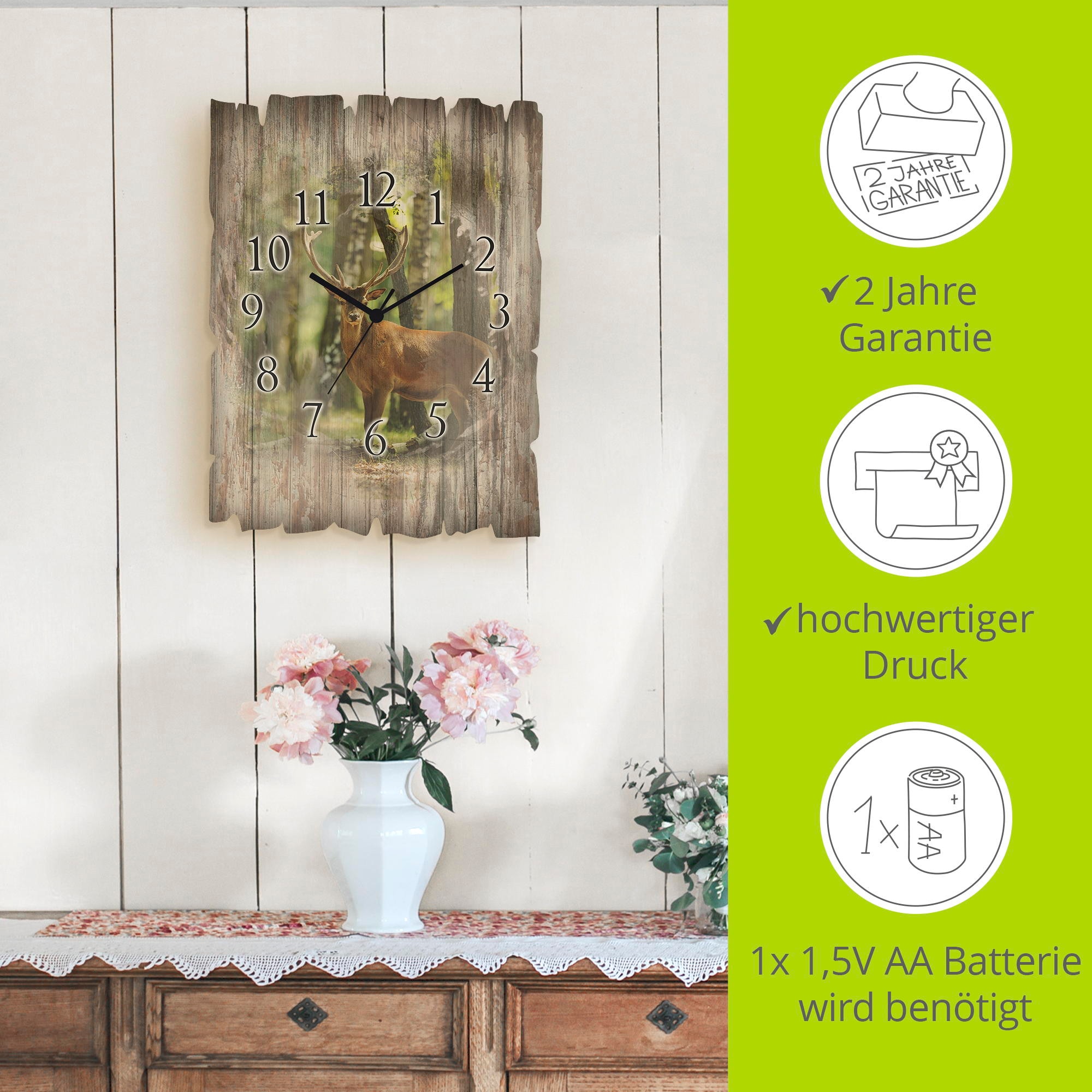 Artland Wanduhr »Hirsch 4 - Wald« wahlweise mit Quarz- oder Funkuhrwerk, lautlos ohne Tickgeräusche