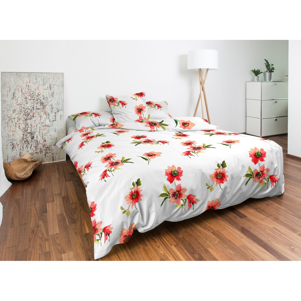 Nobilium Bettbezug »Hilla, Baumwoll-Jersey mit rot-orangefarbigen Blüten«, (1 St.), verdeckter Reissverschluss