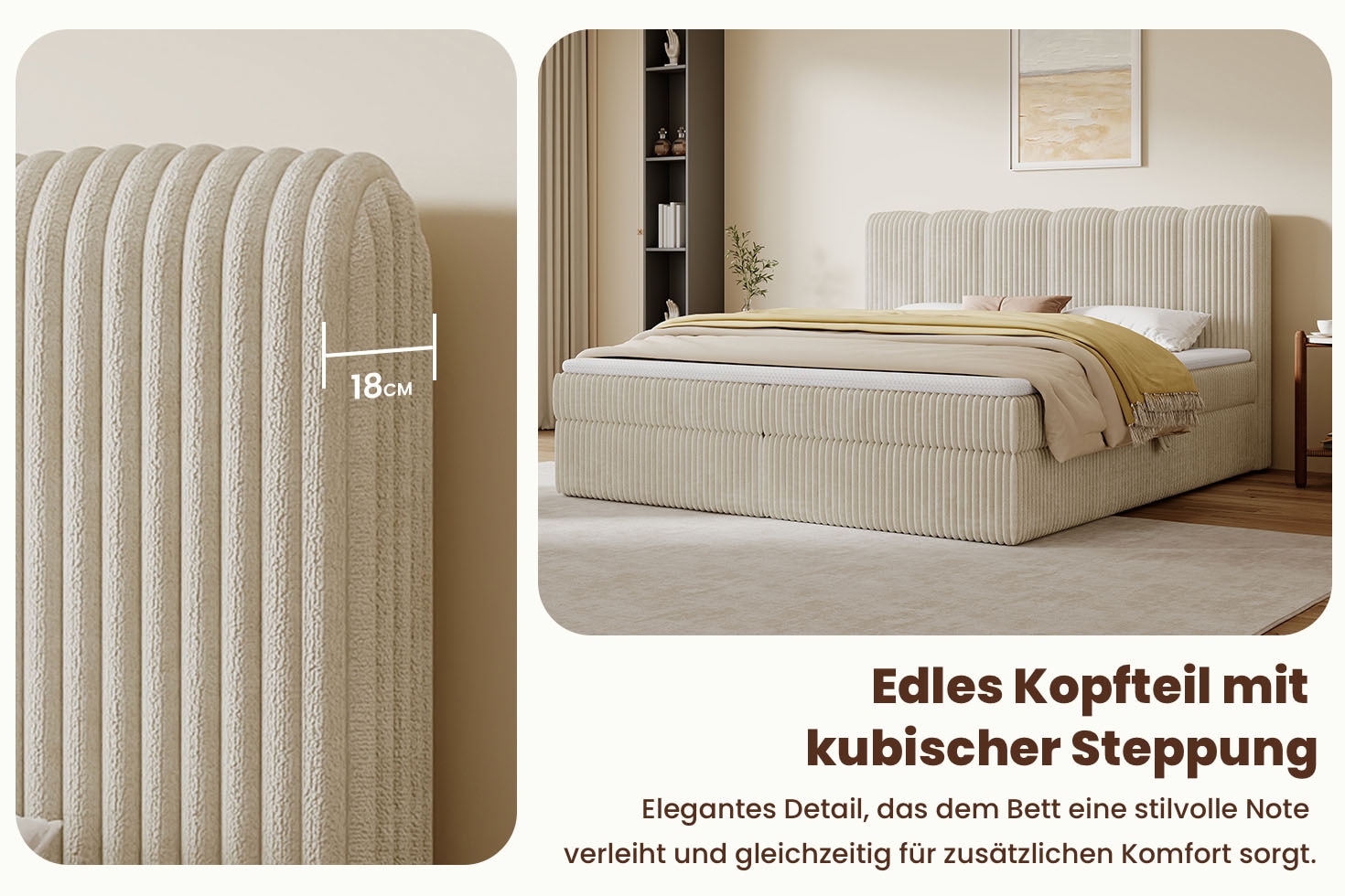 GOODproduct Lit de boxe »SIVVA in der Breite 180cm, flauschiger Breitcord, Farbe: cream« Incl. matelas à ressorts ensachés (H3) & surmatelas (4 cm)