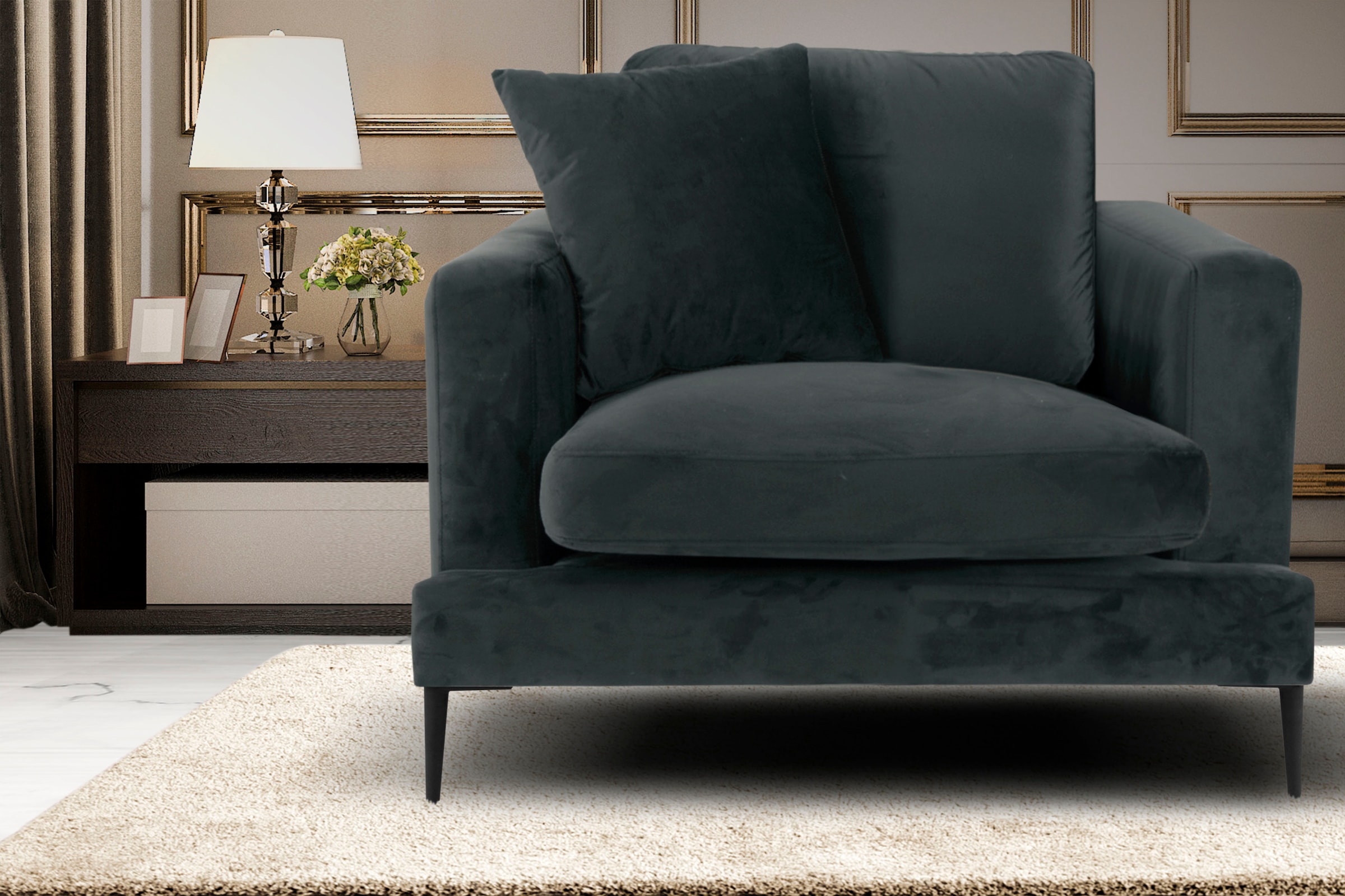 Home affaire Sessel »Cozy Loungesessel, Designersessel, Masse B/T/H: 91/97/80 cm« mit Metallbeinen und Zierkissen