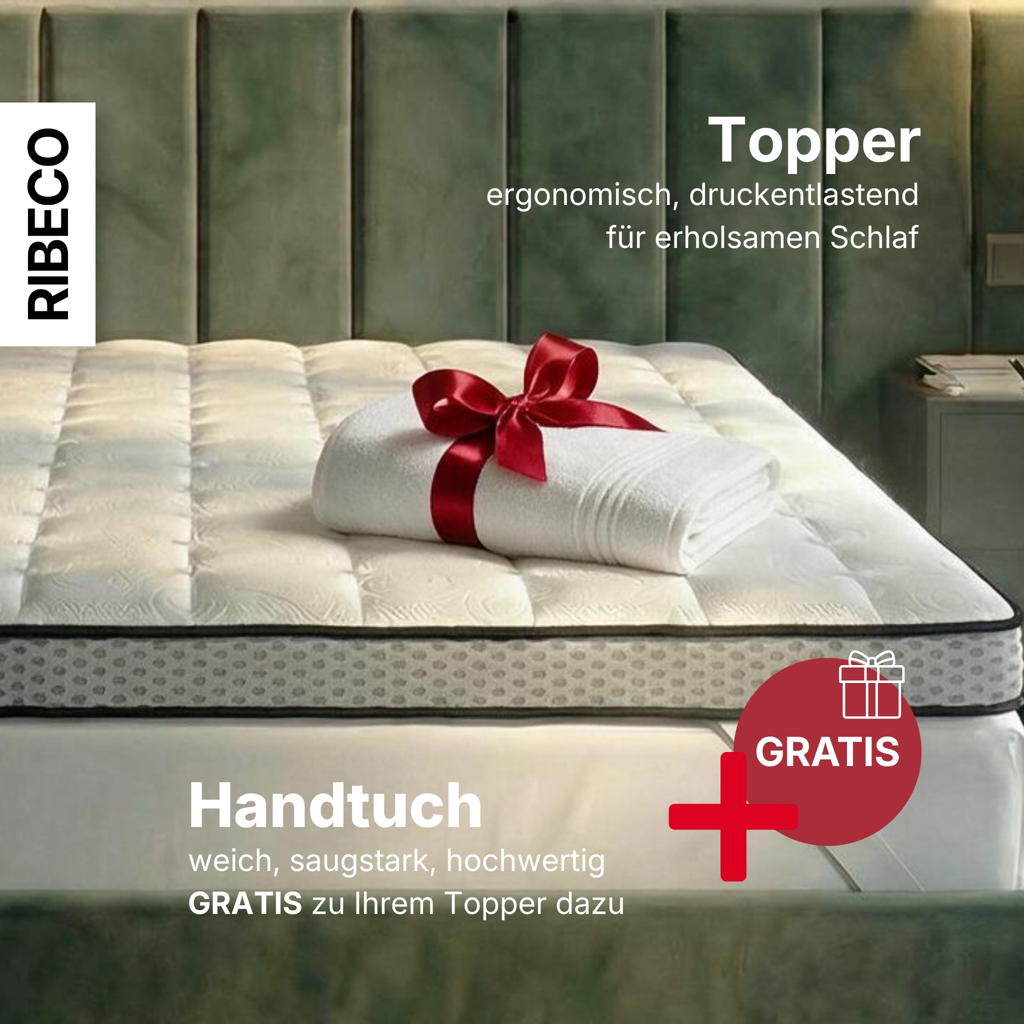 RIBECO Armoire »Aaron, Topper 90x200 cm,180x200 cm, GRATIS dazu 1x Handtuch« Matelas, adapté pour lit boxspring, ergonomique, fabriqué en UE