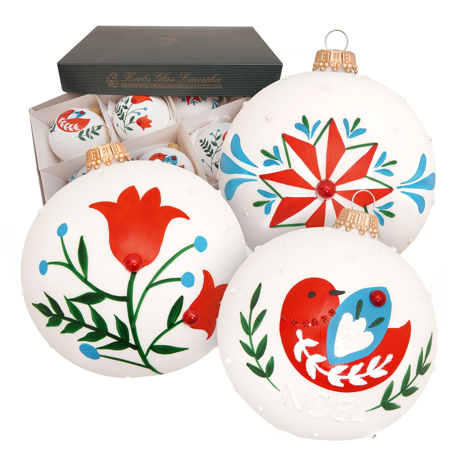 Krebs Glas Lauscha Weihnachtsbaumkugel »Weihnachtskugel Folk Christmas weiss 8cm« Dekoriert mit Liebe zum Detail