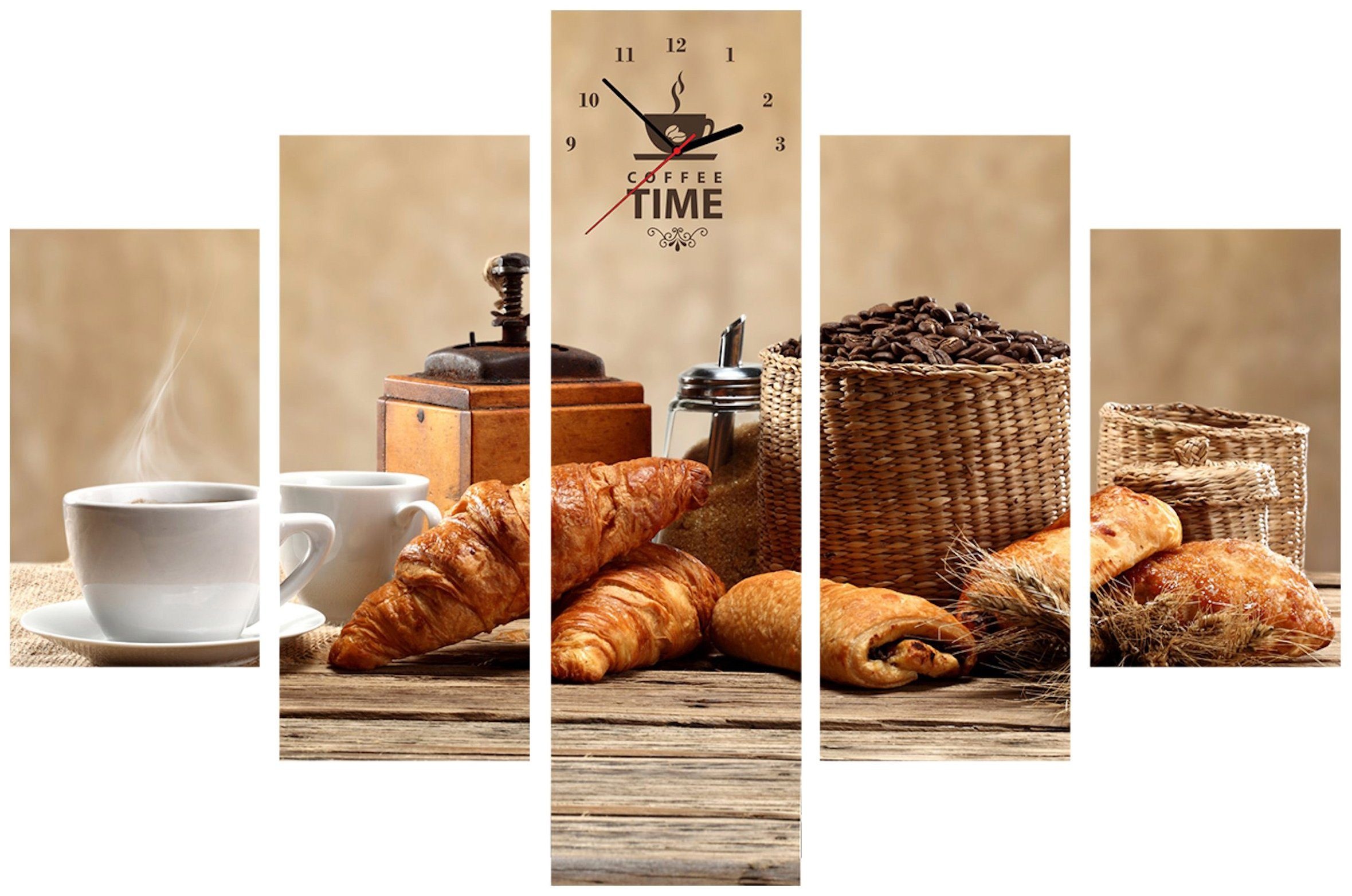 Image of Conni Oberkircher´s Bild »Fresh Coffe - Frischer Kaffee«, Kaffee, (Set, (Set 5), mit dekorativer Uhr, Kaffebohnen, Croissants, Frühstück, Küche bei Ackermann Versand Schweiz