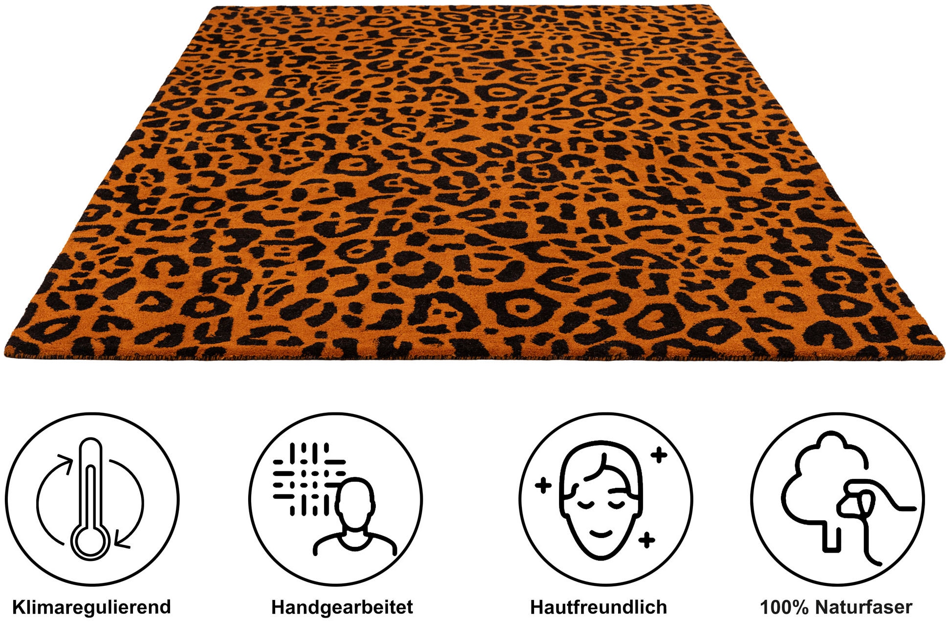 GOODproduct Wollteppich »Gabbo Leo, Leopardenmuster, handgearbeitet« rechteckig 14 mm Höhe reine Wolle, Uni, Wohnzimmer, Schlafzimmer, Esszimmer