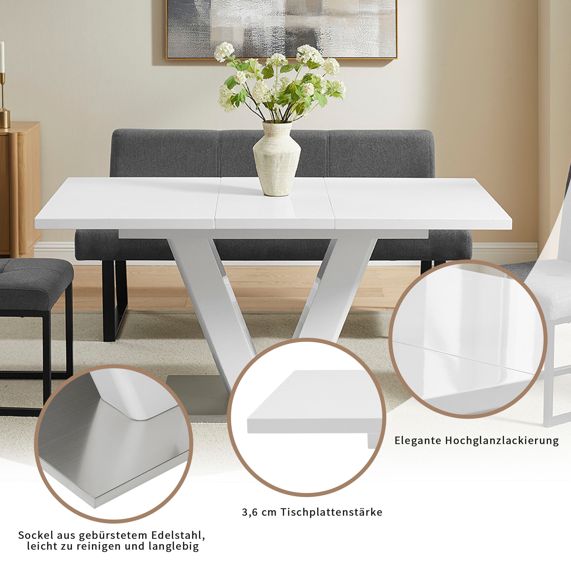 GOODproduct Essgruppe »Gellina« Set, 4 tlg. ausziehbarer Esstisch, Freischwinger, Sitzbank mit Rückenlehne