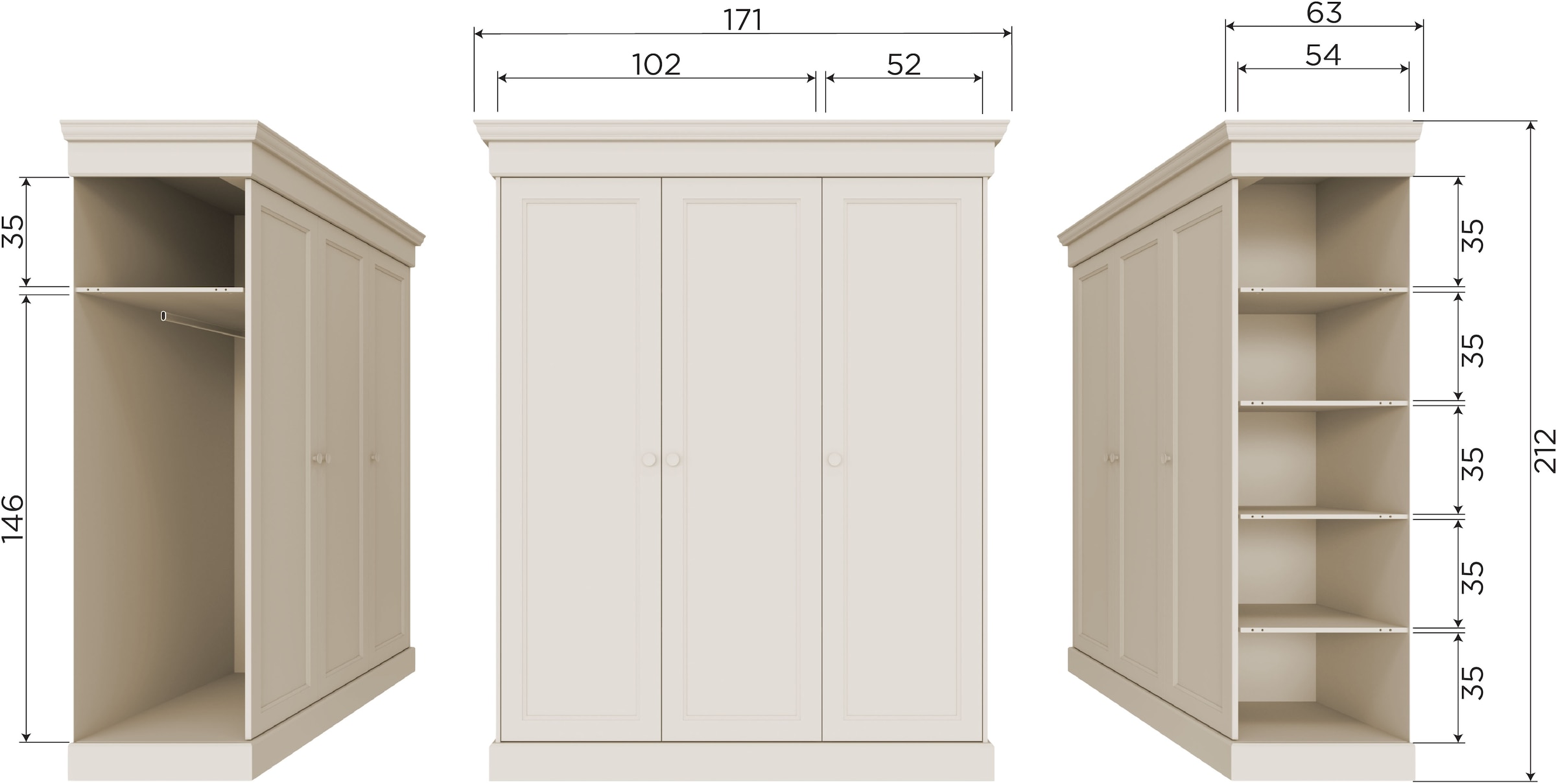 WOOOD Kleiderschrank »Olivia FSC®-Kiefernholz mit Hängebereich, H 212 x B 171 x T 63 cm« Tragkraft 10 kg pro Boden, Einlegeboden-Optionspakete erhältlich
