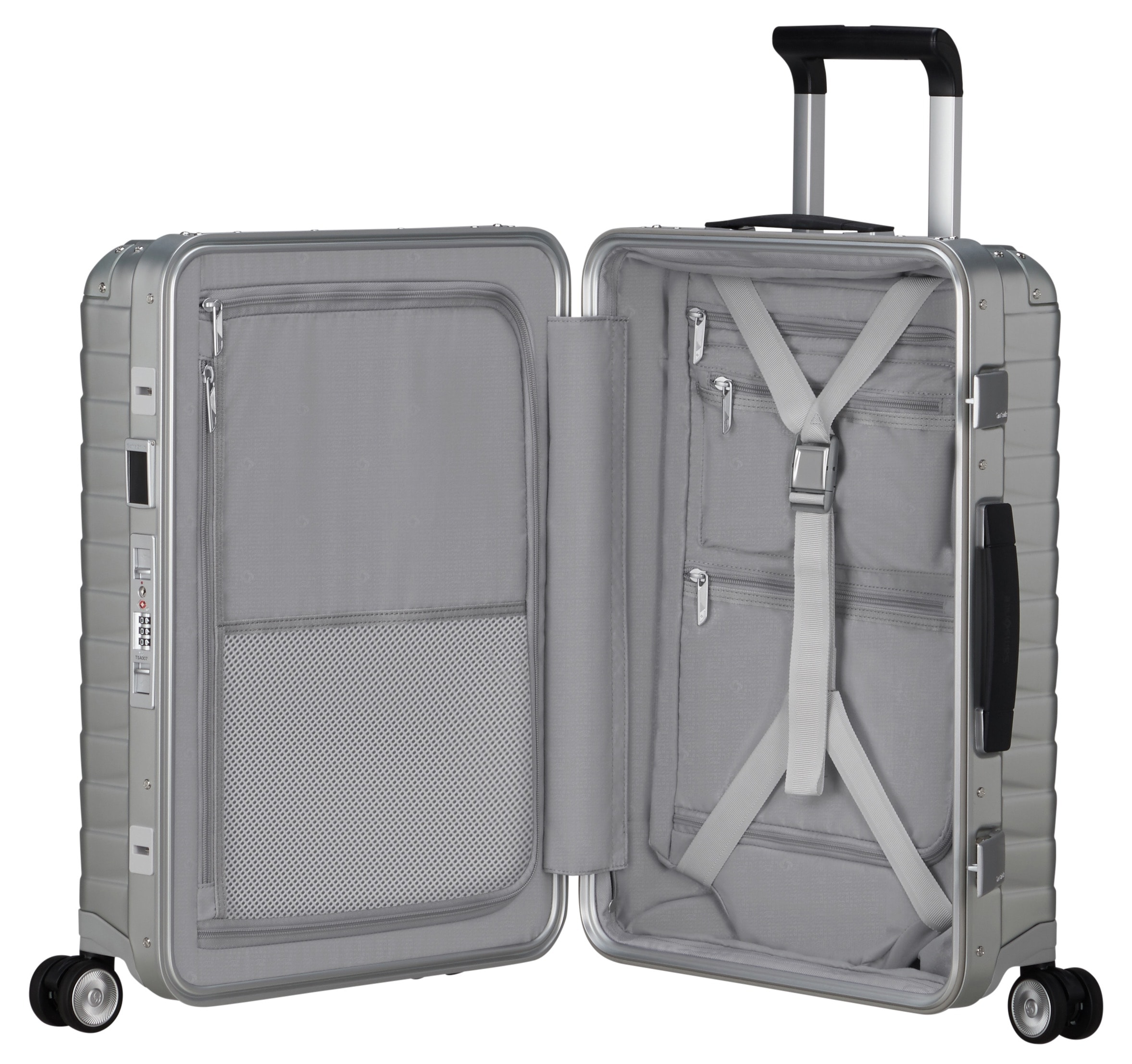 Samsonite Trolley à coque dure »PROXIS ALU, verschiedene Grössen« 40 litre 4 Rollen en aluminium, avec sangle de tension croisée, avec plaque nominative intégrée