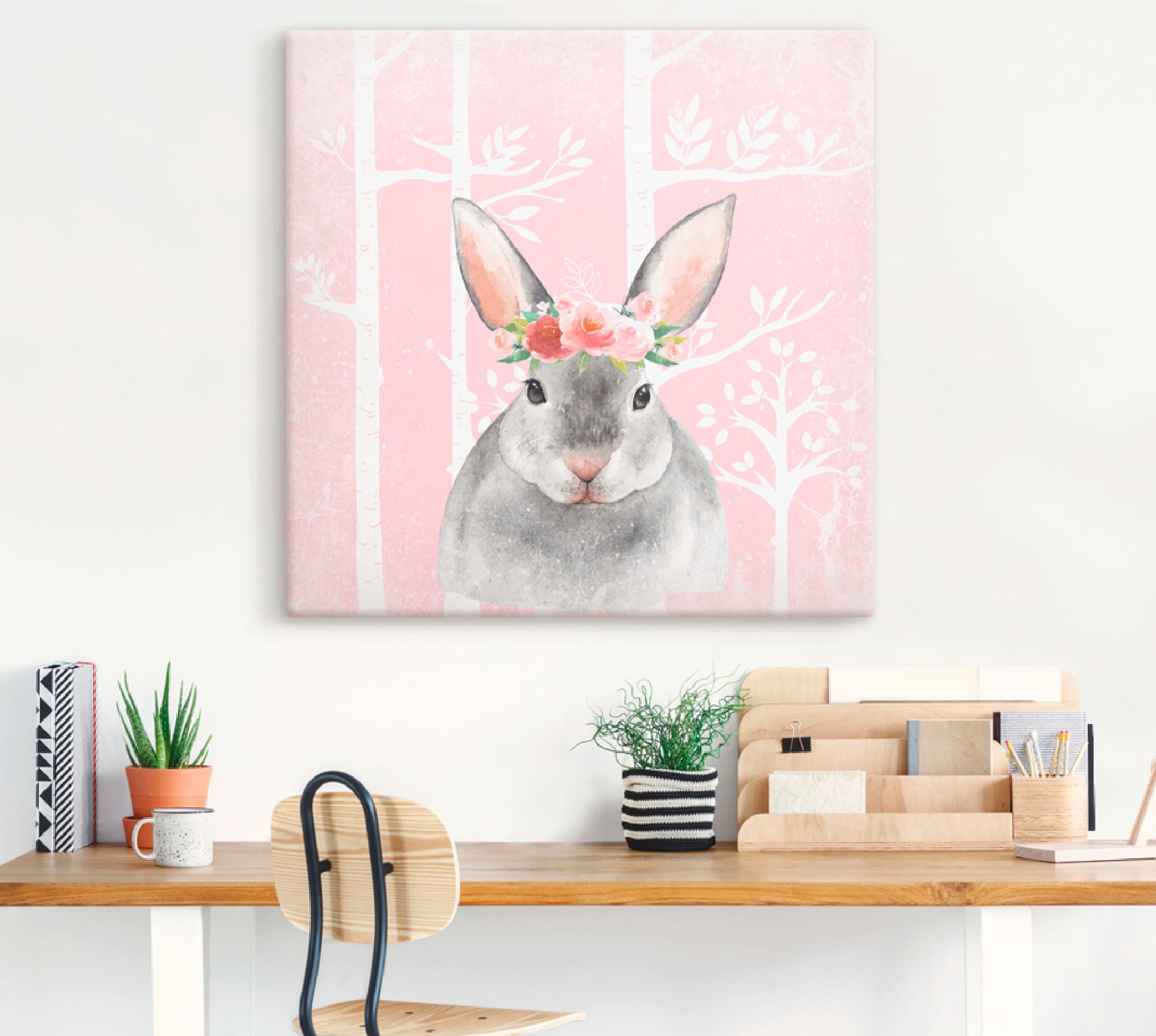 Artland Tableau sur toile »Hase mit Blumen im pink Wald« Animaux 1 cuis tlg. auf Holzrahmen gespannt