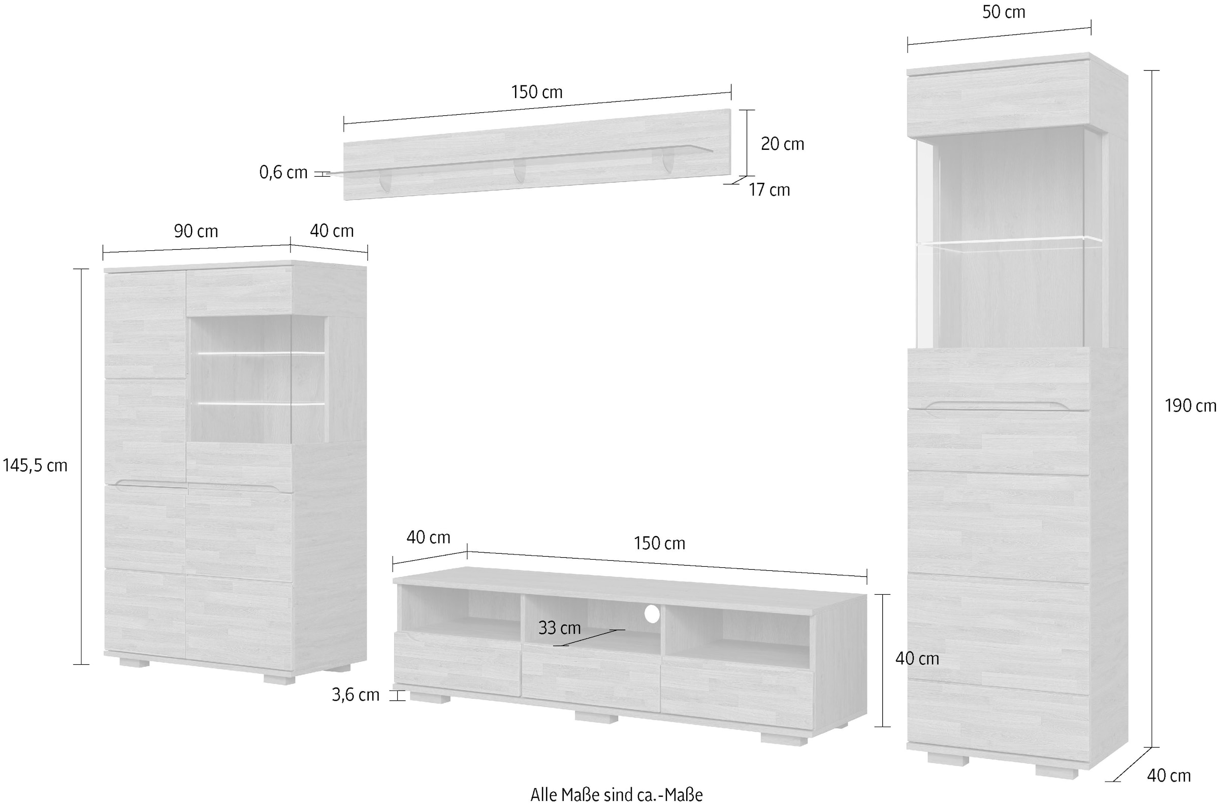 GOODproduct Wohnwand »VETRO: besteht aus 2 Vitrinen, 1 Lowboard & 1 Wandregal, Wohnzimmer.« 4 Stk. tlg.