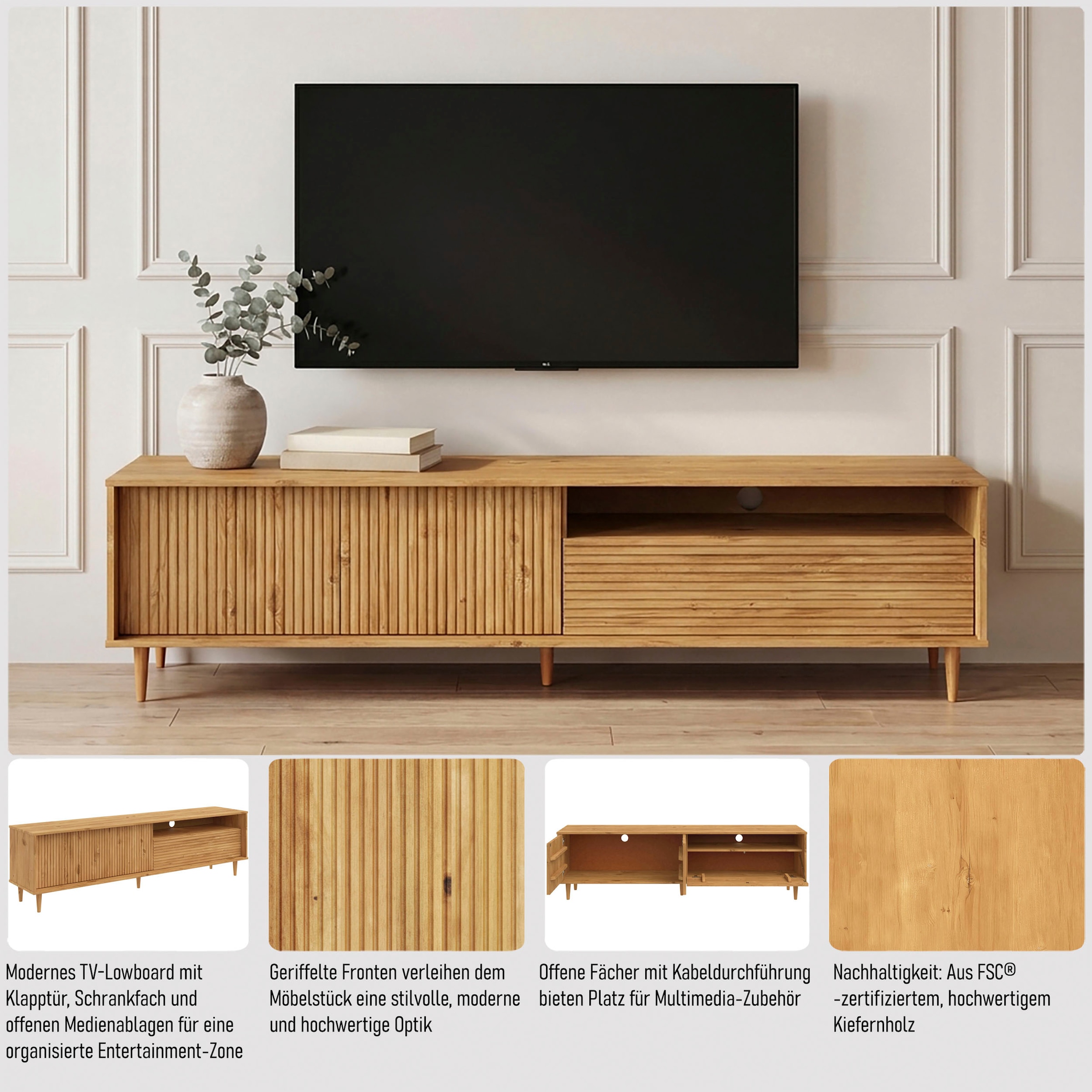 GOODproduct Table basse »Malmedy  Front mit gefrästen Rillen« meuble TV en pin massif, push-to-open, largeur 180 cm