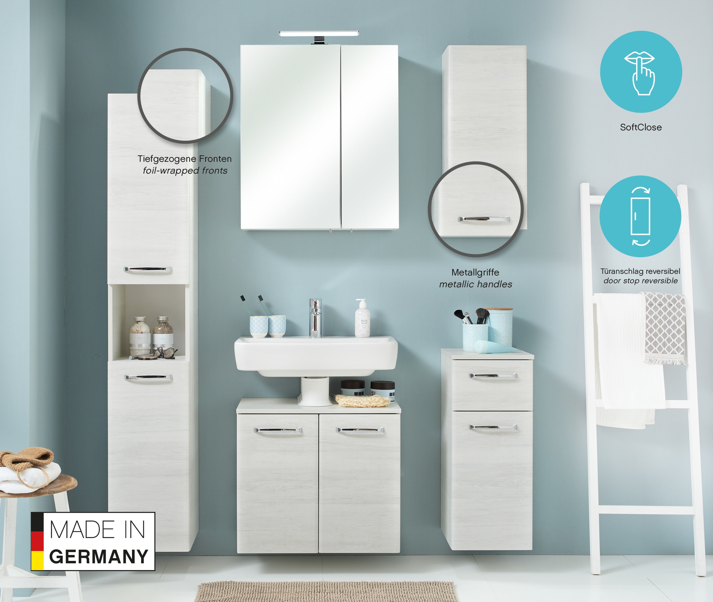 Saphir Armoire basse »Quickset Badschrank 30 cm breit, 1 Tür, 1 Schublade, 1 Einlegeboden« Meuble sous lavabo salle de bain avec amortisseur de porte, 1 porte, poignées chromées brillantes