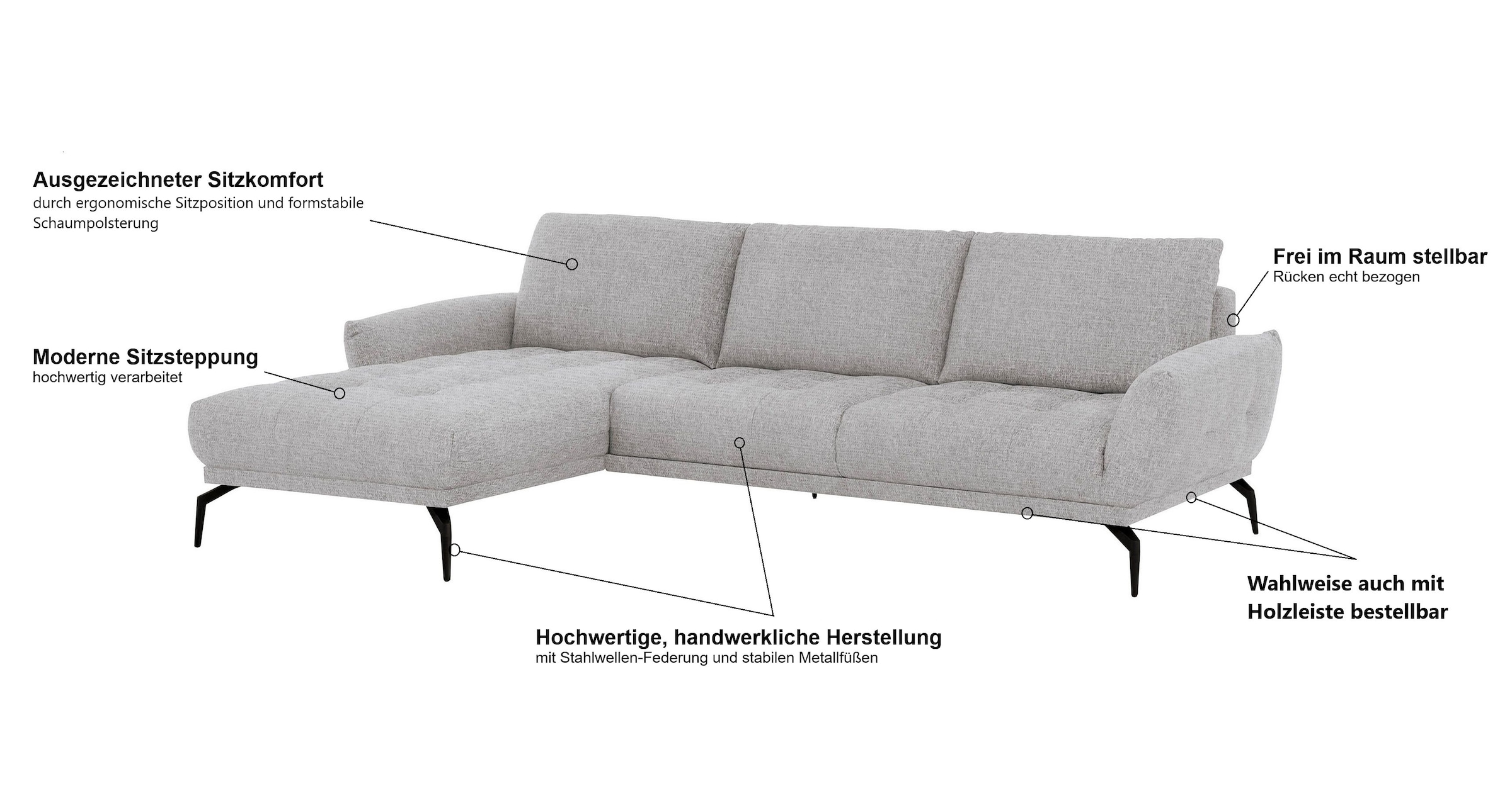 exxpo - sofa fashion Ecksofa »NICEA erstklassiger Sitzkomfort, L-Form, bodenfrei«, In hochwertiger Verarbeitung und ergonomische Sitzposition