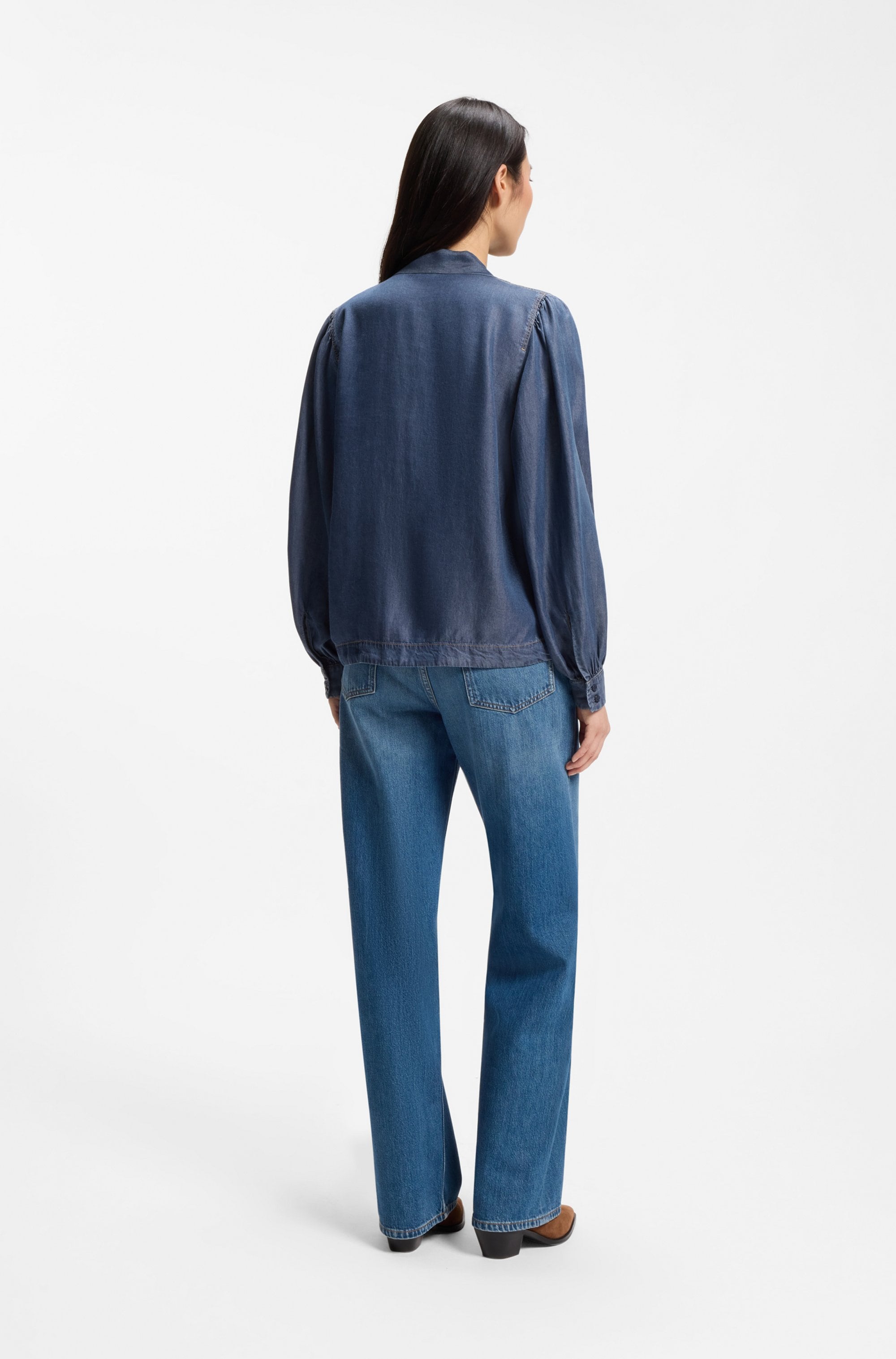 BOSS ORANGE Blouse à manches longues »Betilla Premium Damenmode« mit Schal-Detail, Denim-Look