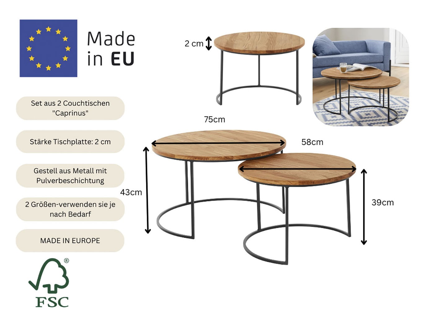 andas Table basse »Caprinus« Masse (B/T/H): 75/75/39 und 58/58/39 cm,  aus Eichenholz, FSC® zertifiziert, 2er-Set, stabiles Metallgestell