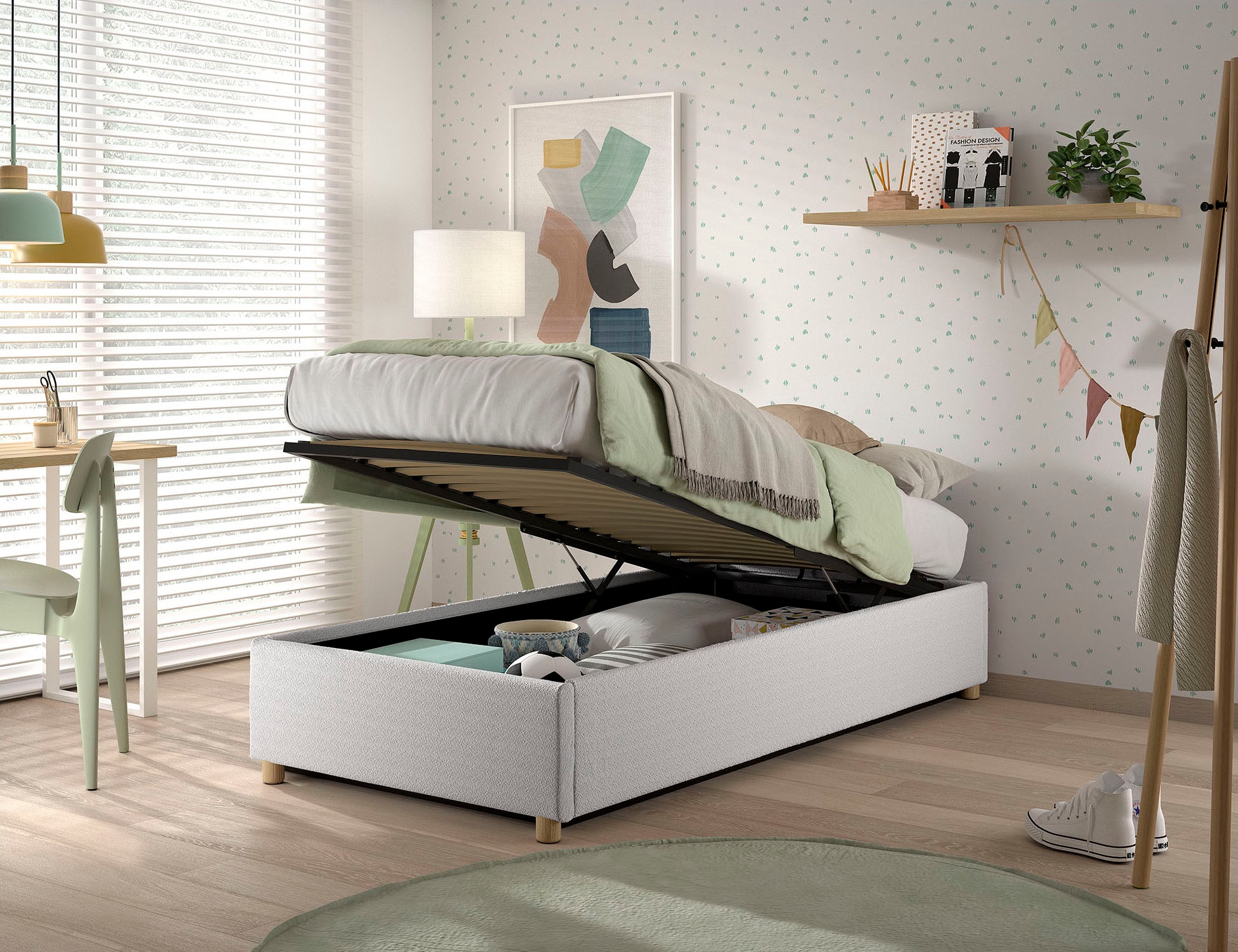 Vipack Chaise longue rembourrée »Moon, ideal unter Dachschrägen einsetzbar, Bettkasten bietet Stauraum« Massivholzfüsse, Bezug mit flauschigem Bouclé Stoff wahlweise 3 Farben