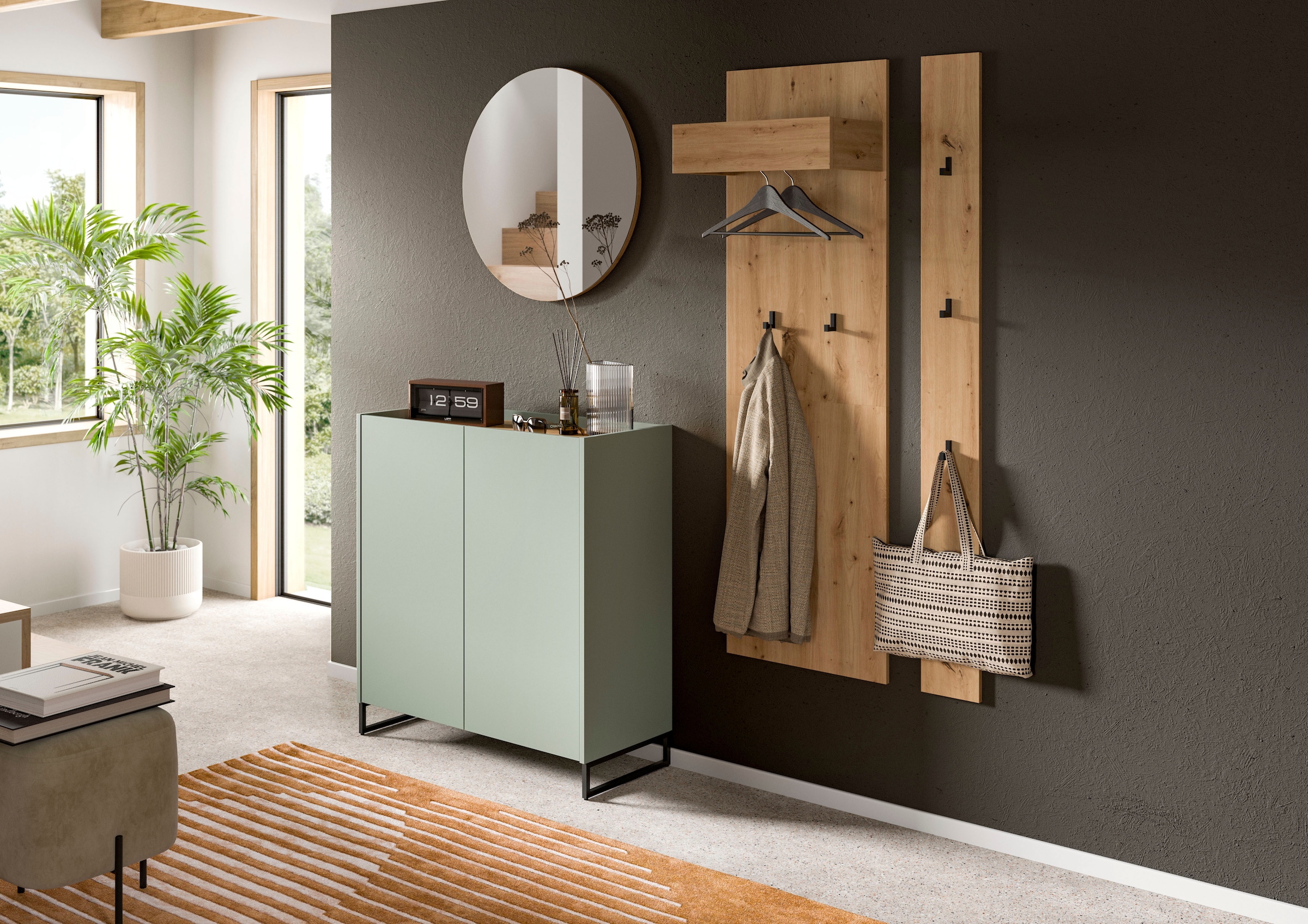 Home affaire Armoire à chaussures »EVRID, Breite 90cm, 2 Türen, 5 Einlegeböden, inkl. Metall-Kufenfüsse« individuell mit anderen Artikel der Serie EVRID erweiterbar, 1 cuis tlg. Schuhkommode, Kommode, Sideboard, Garderobenschrank, Flurkommode
